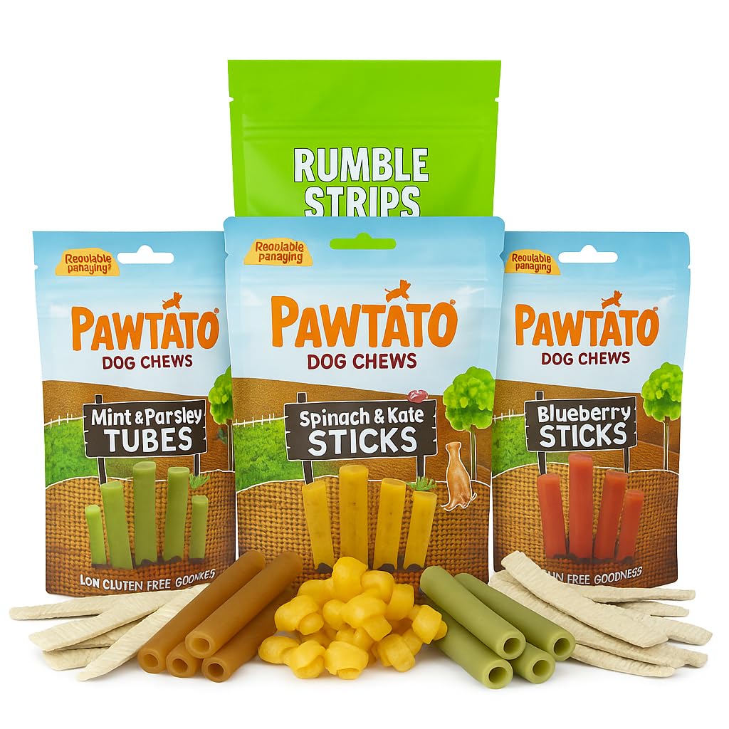 Pawtato Dog & Benevo Rumble Strips Treats Variety Pack Plant Based Vegan Dog Chews for Small & Medium Dogs Grain Free Rawhide Free Dental Treats Blueberry Sticks, Spinach Sticks, Mint & Parsley Tubes