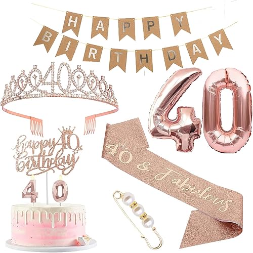 9 piezas de decoración de cumpleaños de 40 cumpleaños para mujer, incluye adorno para pastel de cumpleaños 40, banda de reina de cumpleaños con