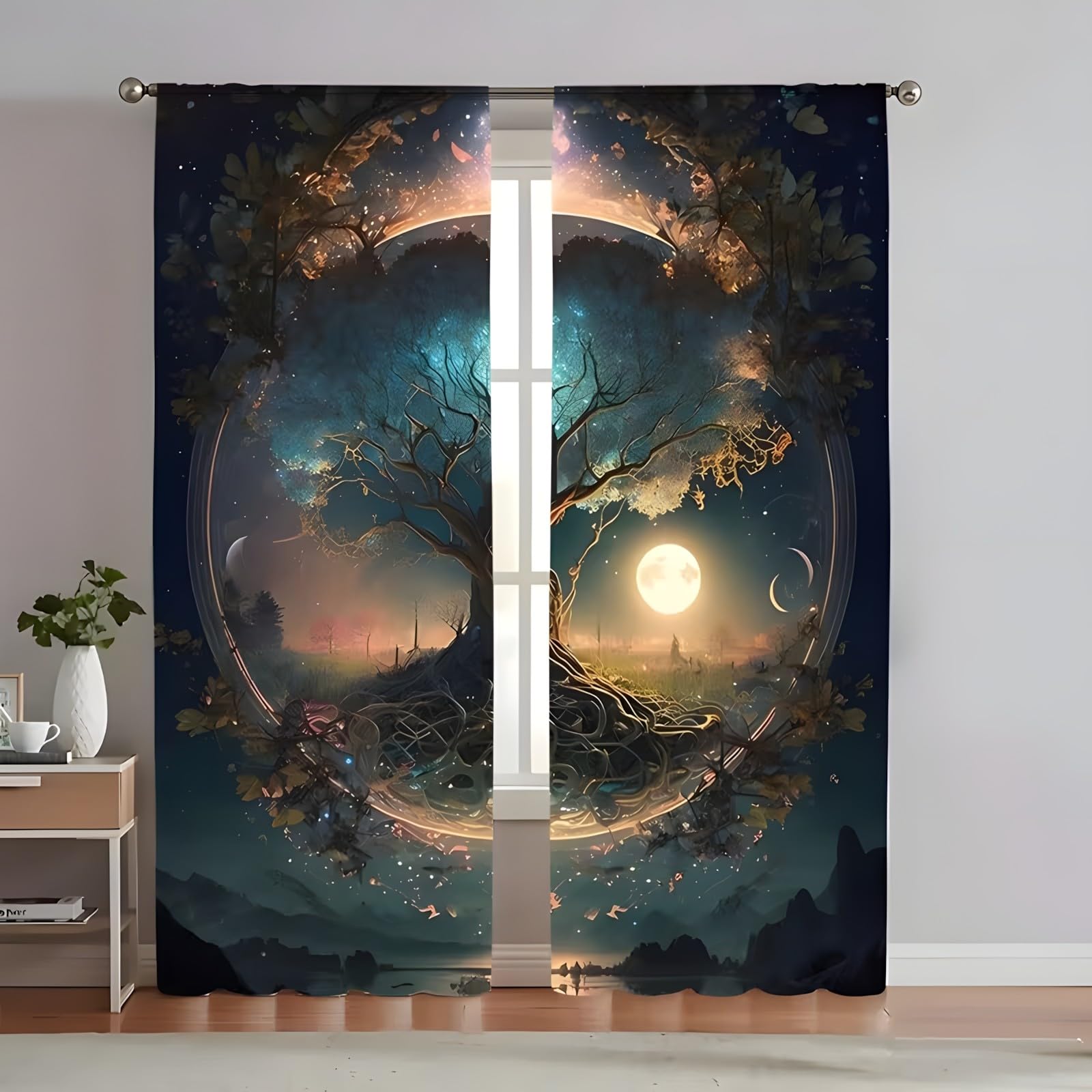 Baum des Lebens Vorhänge, Fantasy Kunst Gardinen, Verdunklungsvorhänge, Schallschutz Vorhang, für Sichtschutz im Wohn und Schlafzimmer, B117 x H137 cm (2er-Pack)