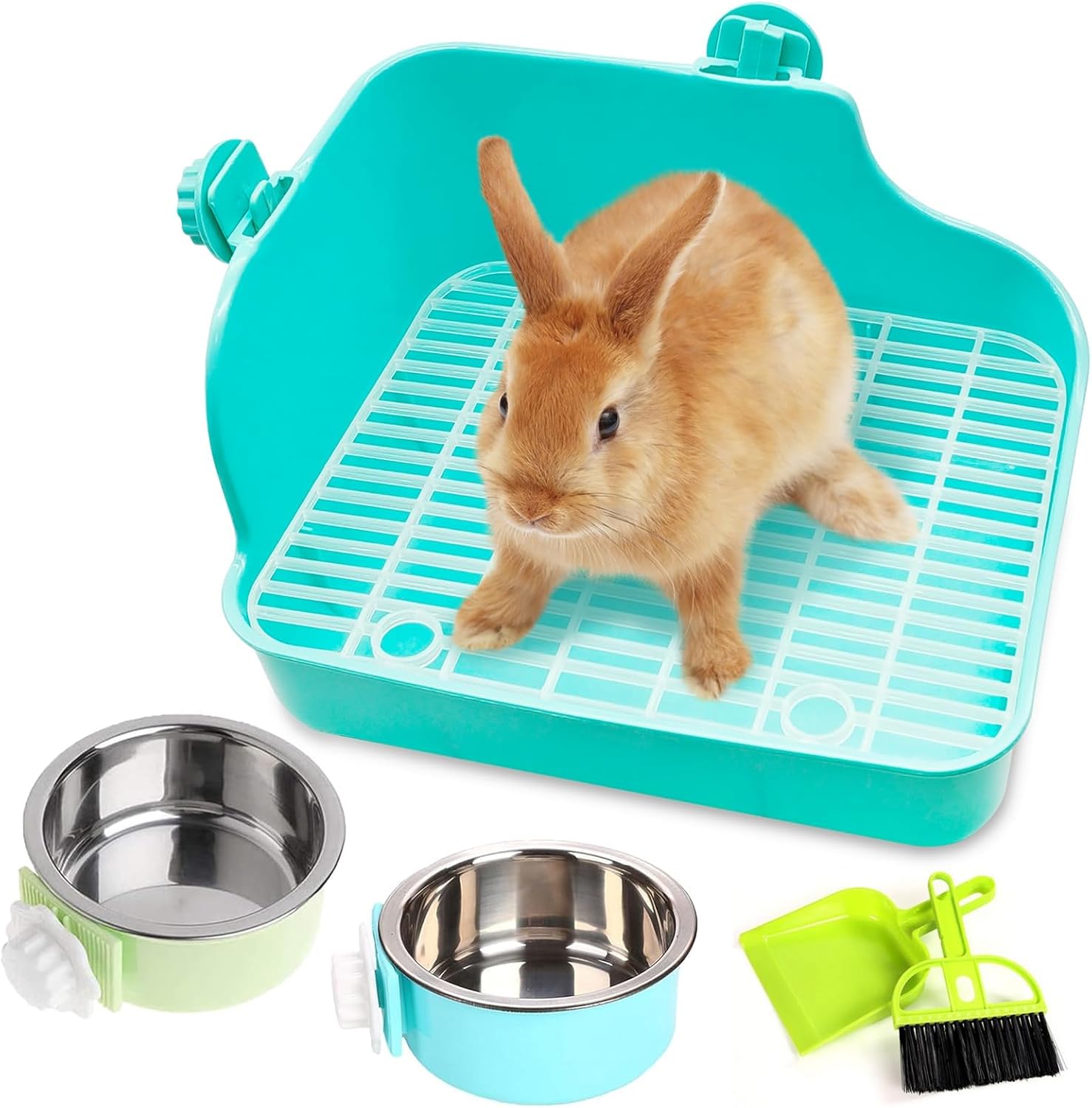 PINVNBY Rabbit Litter Box for Cage Bunny Corner Litter Bedding Box Small Animal Litter Pan Hanging Pet Bowls Cage Potty Trainer Pet Toilet for Rabbit Bunny Guinea Pigs Small Animals（Green）