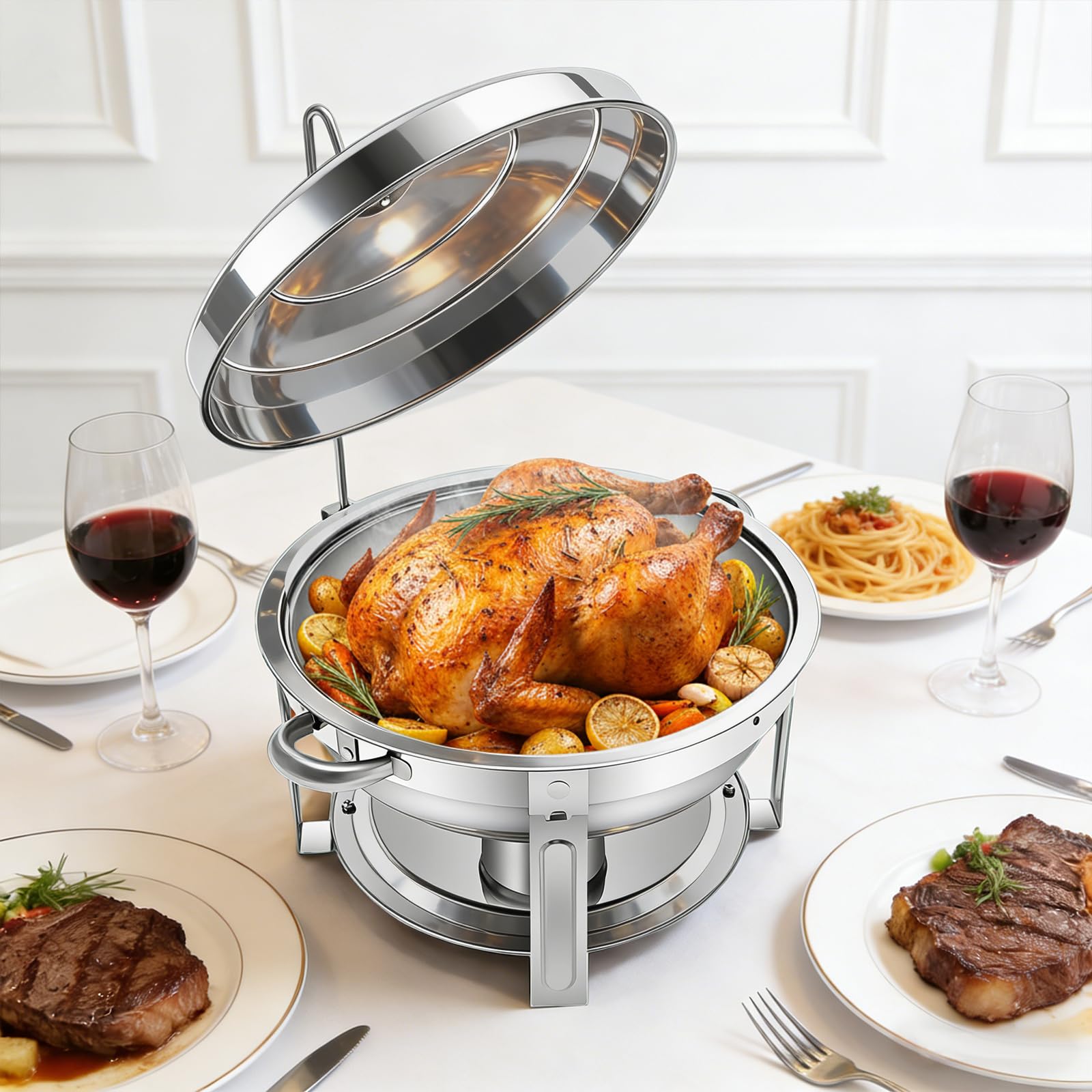 7,5 l rotondo Chafing Dish scaldavivande in acciaio inox con coperchio, contenitore per conservare il calore, per buffet e feste