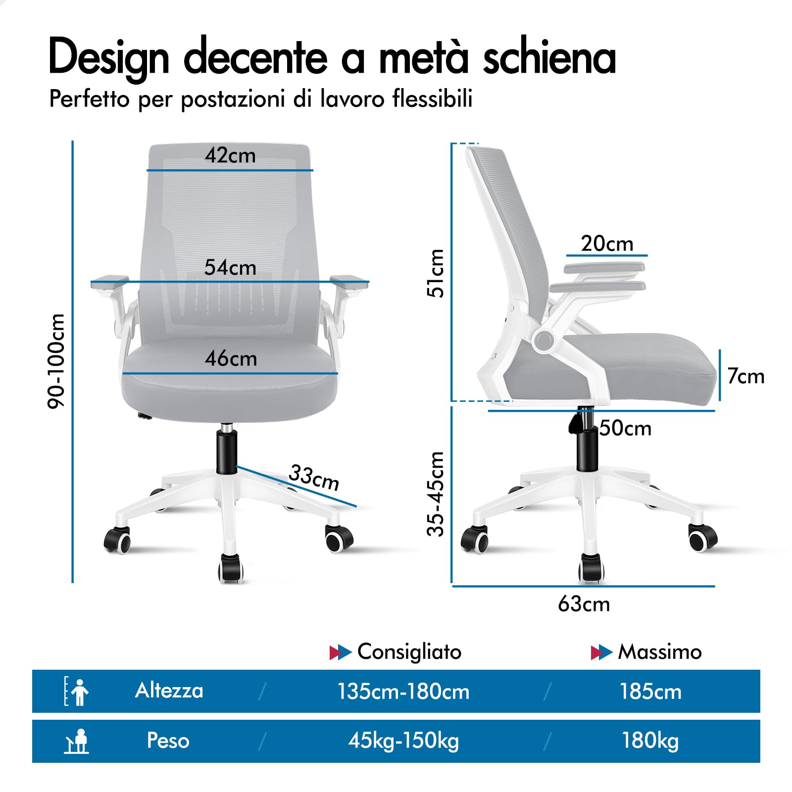 ALFORDSON Sedia Ufficio con Supporto Lombare, Sedia Scrivania Ergonomica con Braccioli Pieghevoli in Rete Traspirante,Altezza Regolabile e Schienale Inclinabile con Ruote Girevoli(Bianca e grigia)