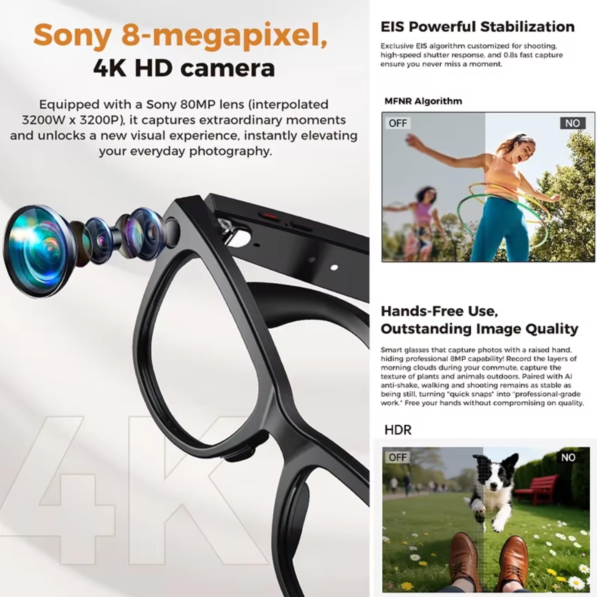 AI Smart Glasses - 4K/8MP Anti-Shake Cam, Bluetooth Chiamate, Registrazione video, Traduzione in tempo reale/Riconoscimento GPT, 290mAh, 3000mAh Custodia di ricarica (include lenti trasparenti