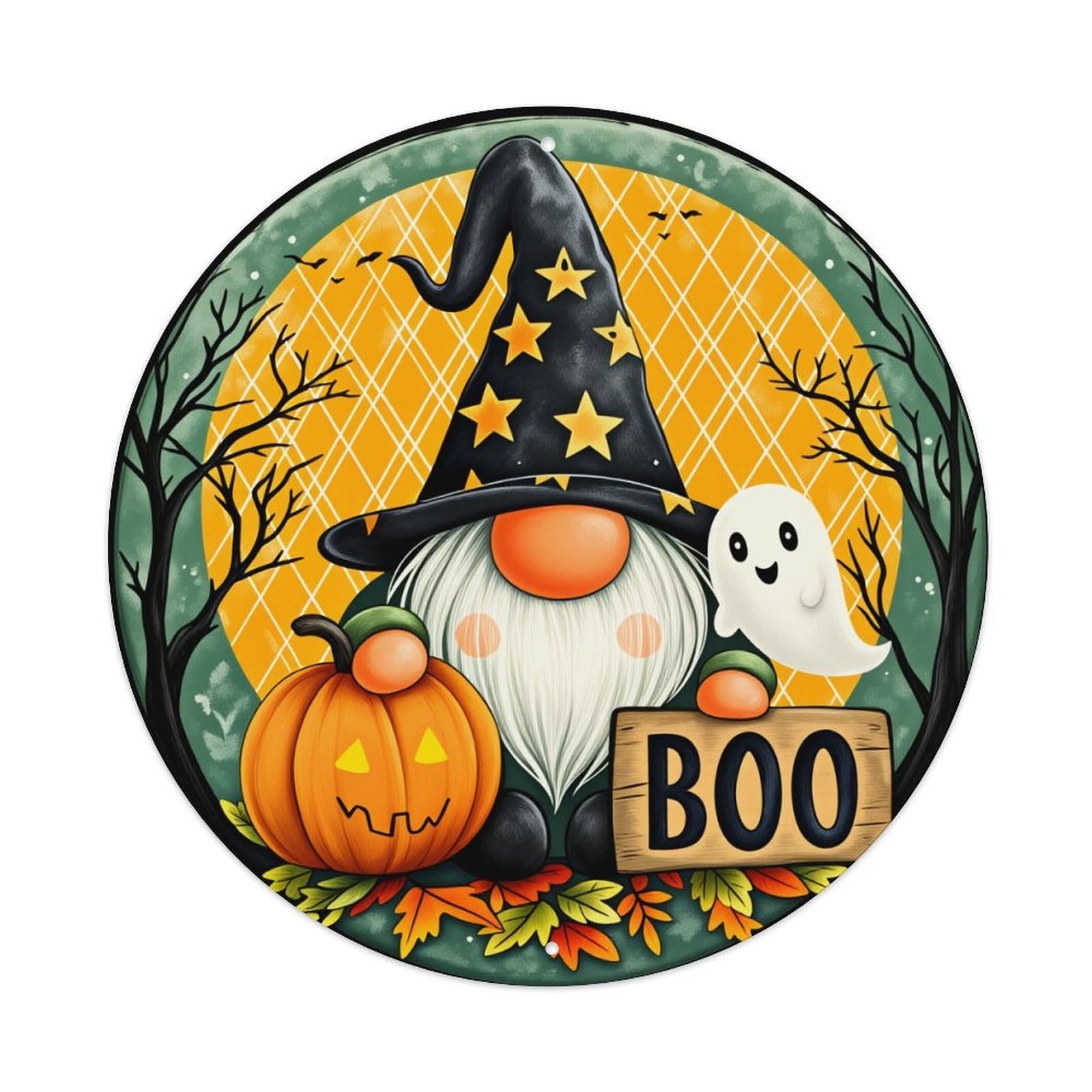 Halloween Gnome Pumpkin Ghost Boo Round Tin Sign Vintage Metal Poster Retro Bar, Home, Man Cave, Kitchen, Laundry Room Wall Art Decor Gift 8x8In