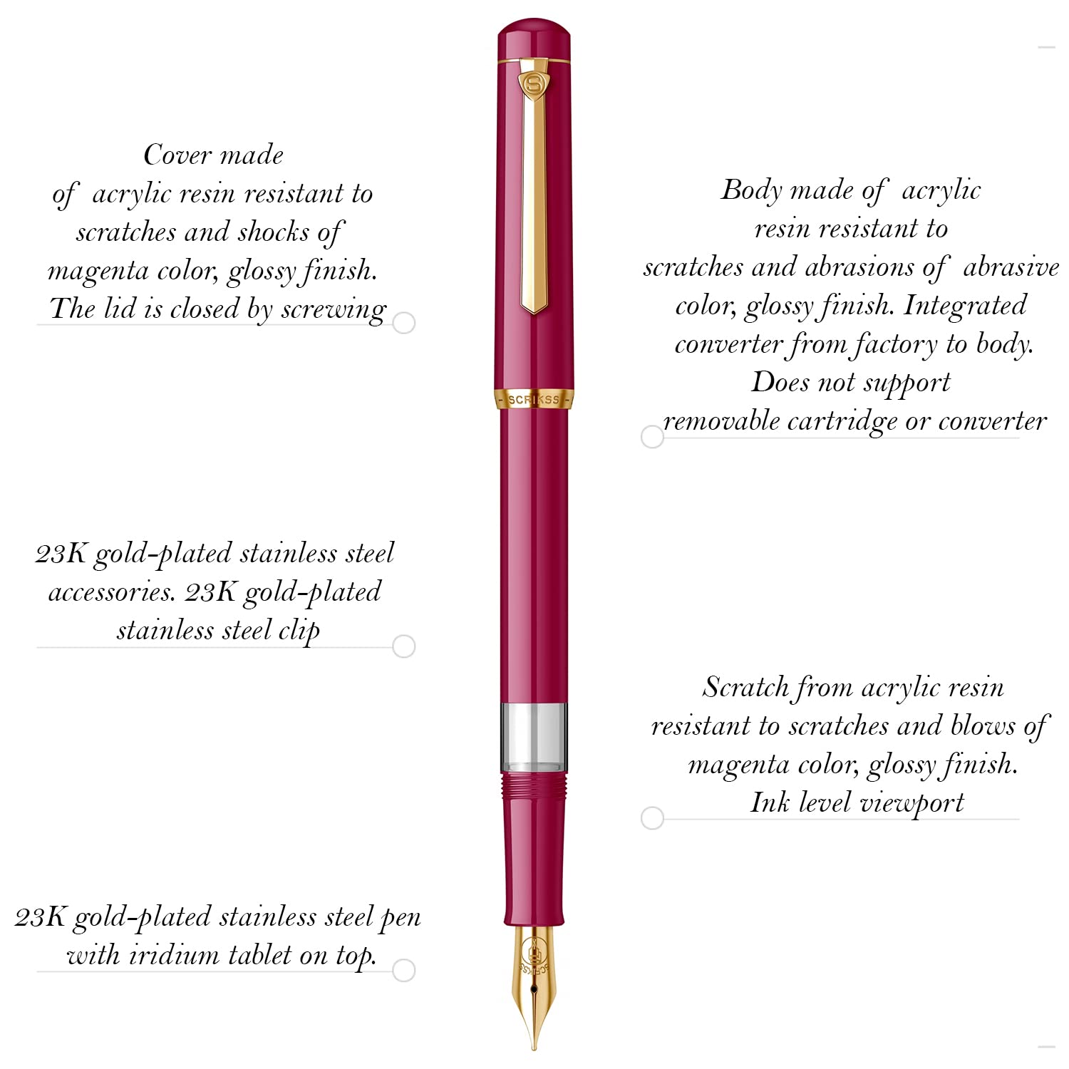 Scrikss 419 Fountain Pen, Classic Piston-Fill Design, 23K Gold-Plated Trim, Stainless Steel Nib, Ink Window, Luxury Box (Dark Pink) - Image 2