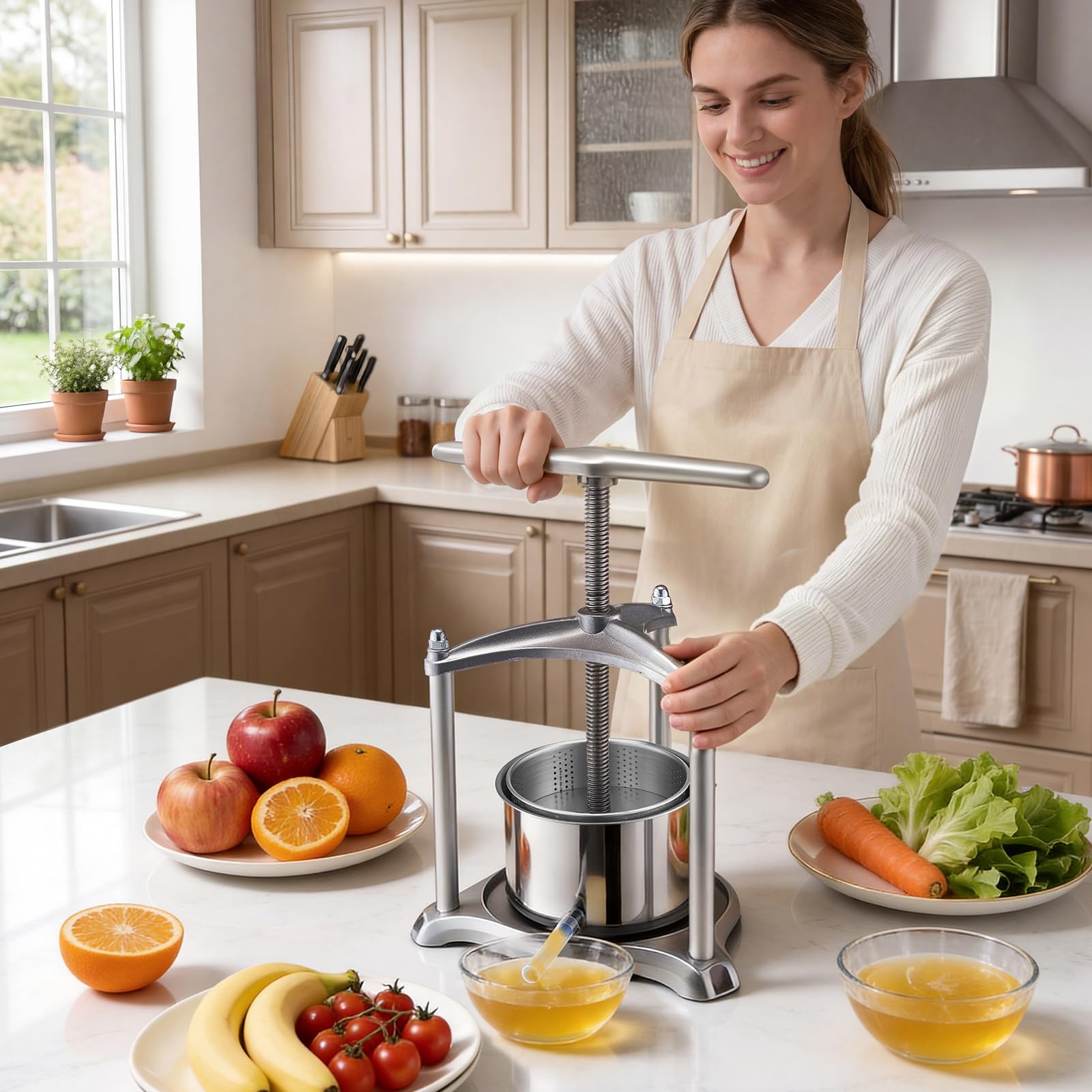 VEVOR Pressa Manuale per Frutti Vino, Premitutto Torchio Manuale Contenitore Interno in Acciaio Inox 3 Litri per Mele Uva Arance Verdure Premitutto con 2 Sacchetti Filtro Manico a Forma di T