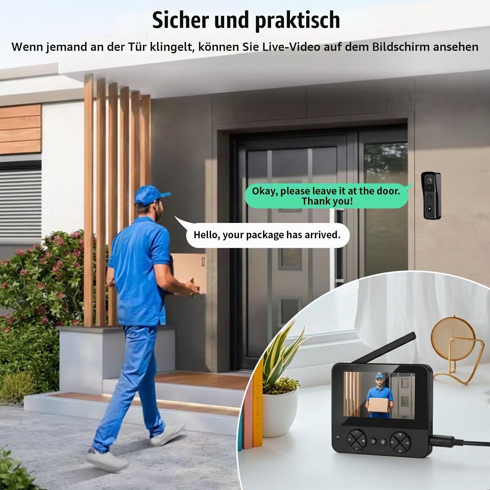 Türklingel mit 4,3 Zoll Monitor und Kabellose Kamera – Video Türklingel ohne WLAN, 2-Wege-Audio HD Kamera Gegensprechanlage mit PIR-Bewegungserkennung, Infrarot-Nachtsicht und Wasserdichtem Display