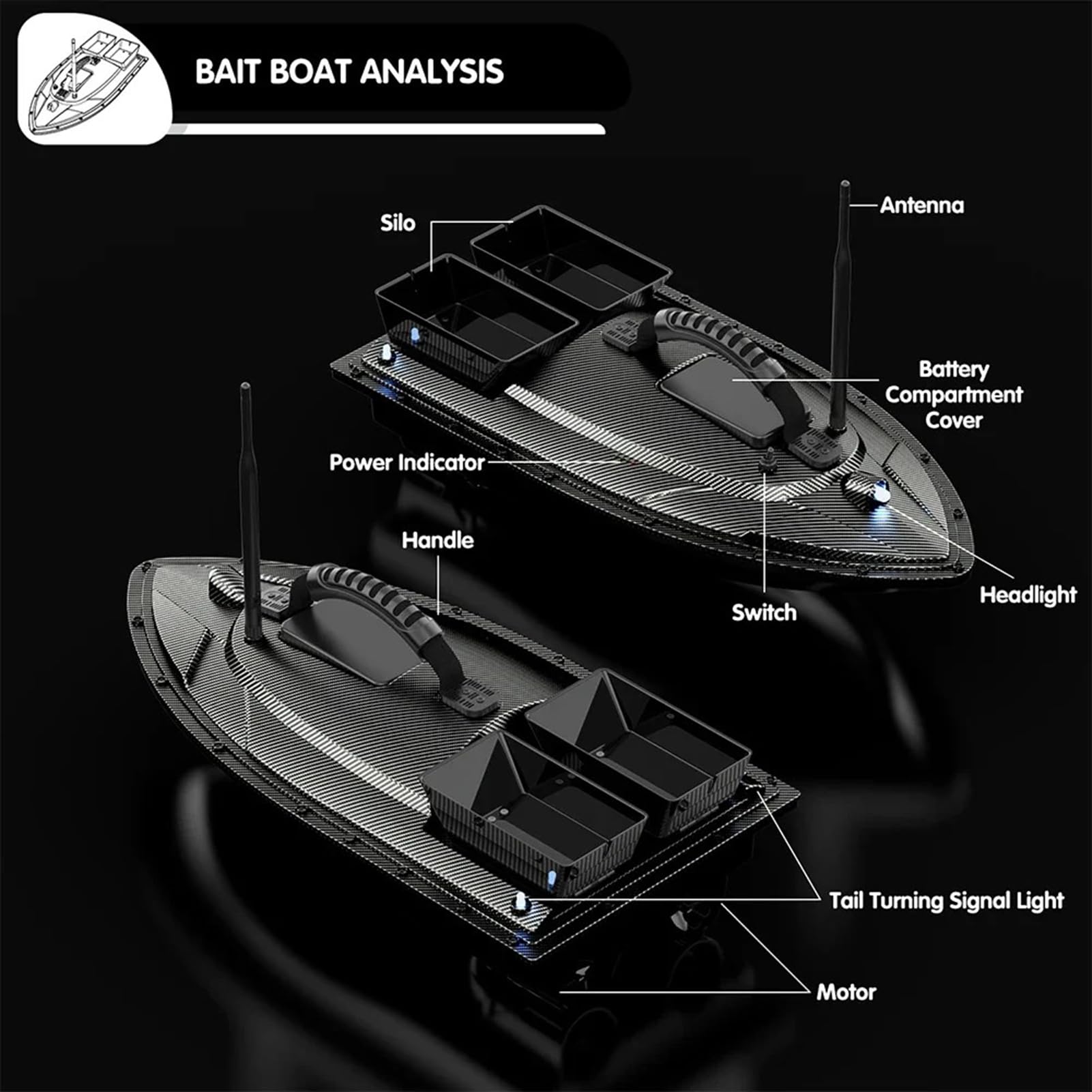 Barco de Cebo RC de 500 m con Control Remoto, GPS, posicionamiento de 40 Puntos, 2 tolvas, Carga de 1,5 kg, Retorno automático, para Pesca de Surf.