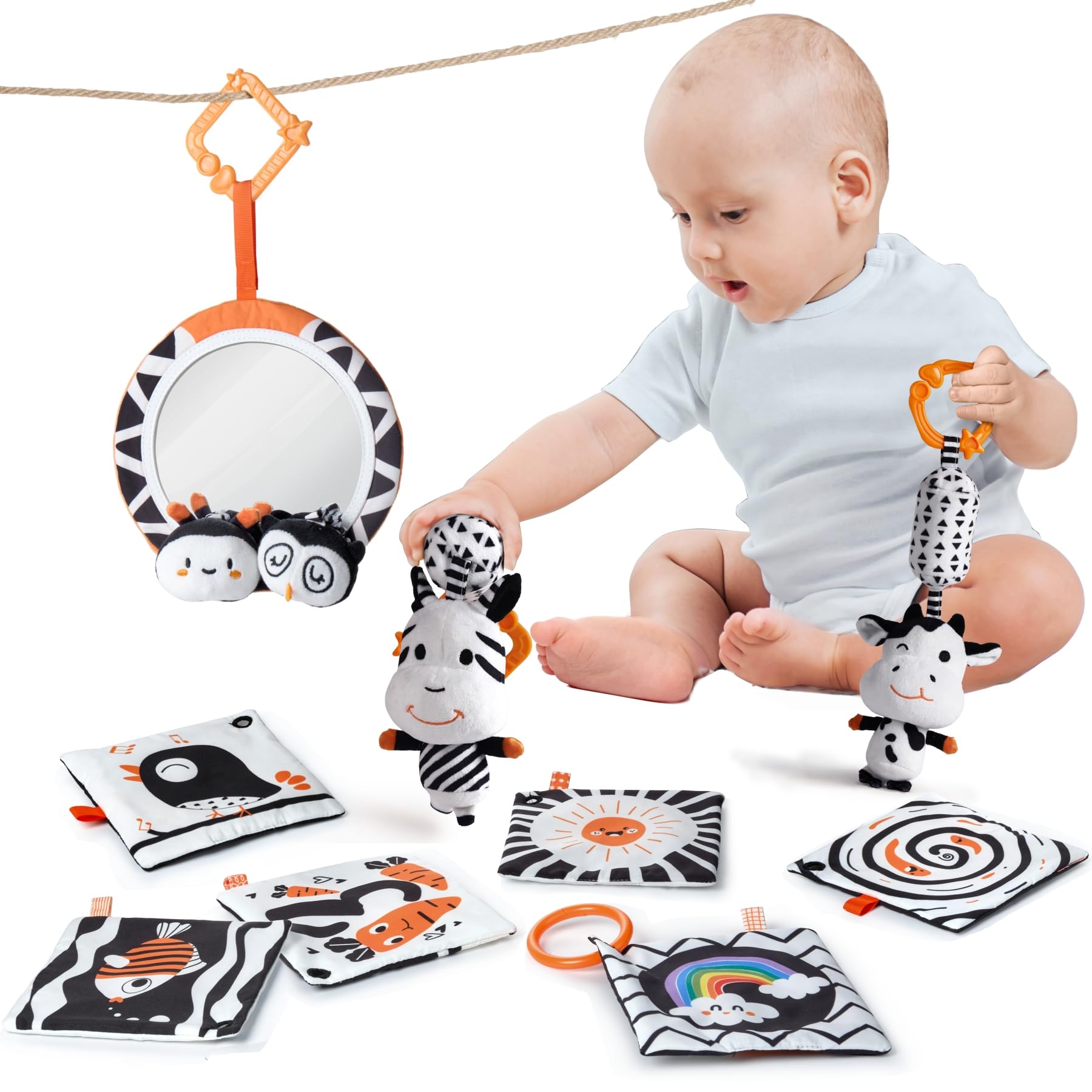 TUMAMA Jouet Hochet Bebe 0 2 3 4 6 8 9 Mois, Poussette Livre Noir Et Blanc Bébé 0-3 Mois Avec Le Miroir, Peluche Jouets livres D'éveil Cadeau pour Naissance Nouveau Né Garçons et Filles (4pcs)