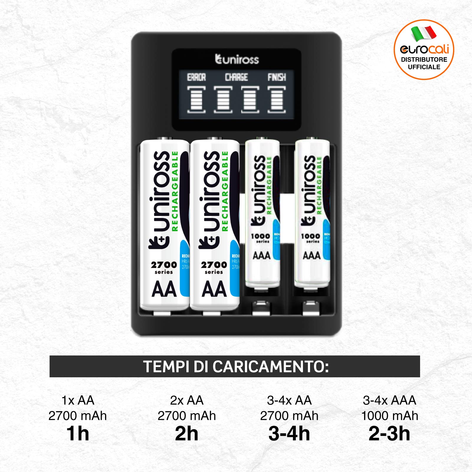 Uniross Ultra Fast Cargador rápido para baterías Recargables AA/HR6 – AAA / HR03 Alimentado por Cable USB con 4 Pilas AA 2700 Series – Paquete de 1 Cargador y 4 Pilas AA