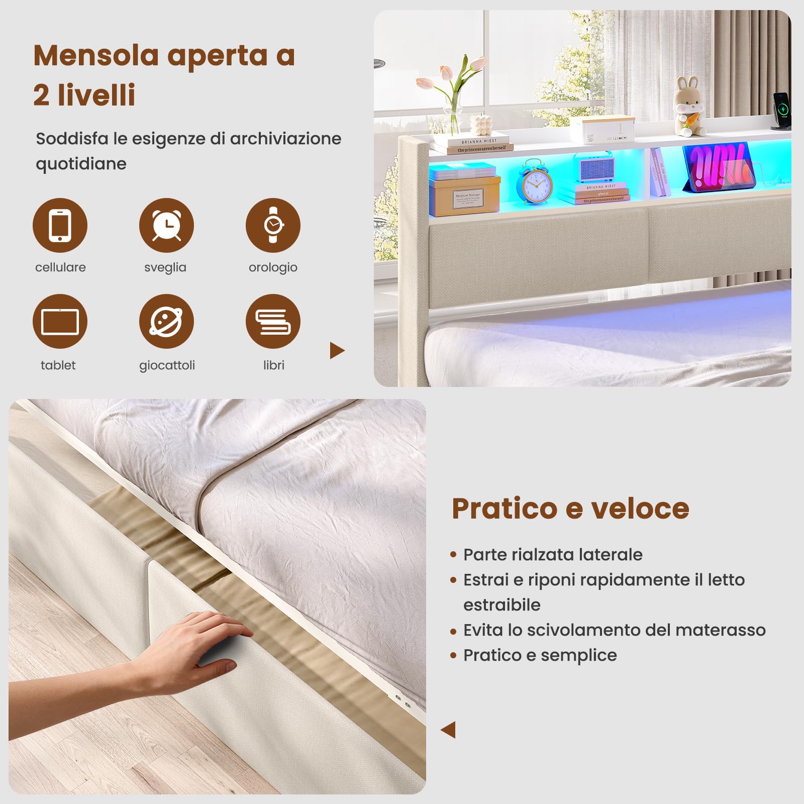 AOGLLATI Divano Letto 2 Posti 90/180x200 cm, Letto Estraibile con Illuminazione a LED Regolabile e Stazione di Ricarica, Divano Letto Matrimoniale con Tapizado Integral e Ripiani Aperti, Beige