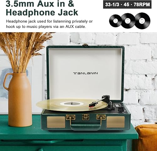 Miniatura 8 de Tocadiscos portátil de maleta USB con Bluetooth vintage de 3 velocidades con altavoces integrados, sonido de audio de vinilo mejorado, incluye lápiz