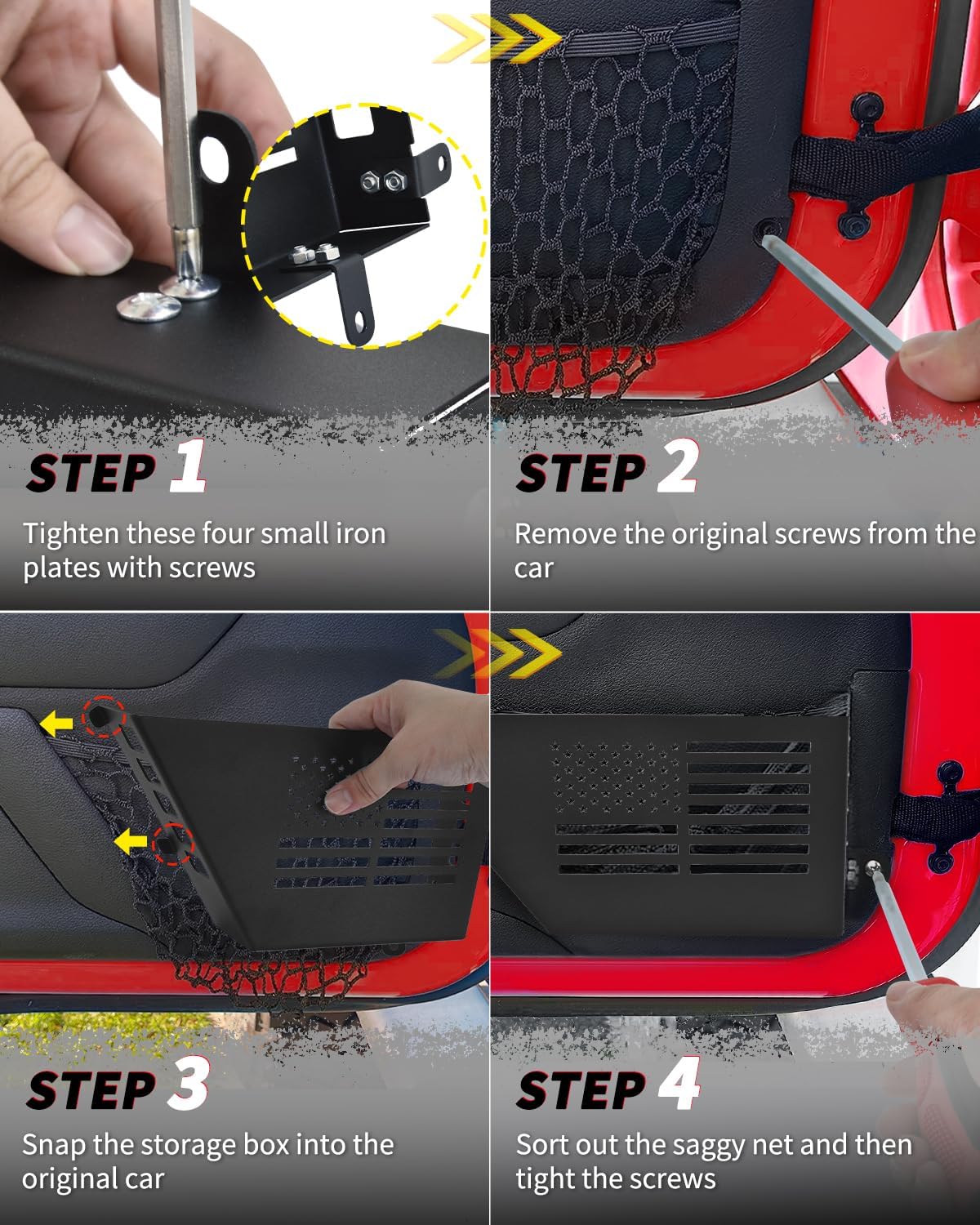 Metal Storage Boxes Compatible with 2007-2018 Jeep Wrangler JK JKU 2/4 Door, 2 Pack Front Door Side Insert Organizer Pockets for Jeep Saggy Net Replacement(Black)