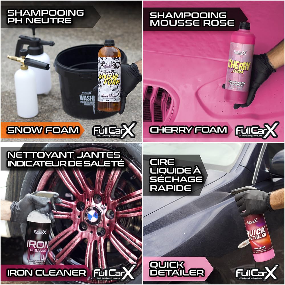 FULLCARX Kit Extérieur de Base Nettoyage Voiture, Nettoyant Jantes Décontaminant Ferreux, Shampoing Mousse Snow Foam pH Neutre, Cire Quick Detailer, Vitre, Produit Lavage Detailing Professionnel