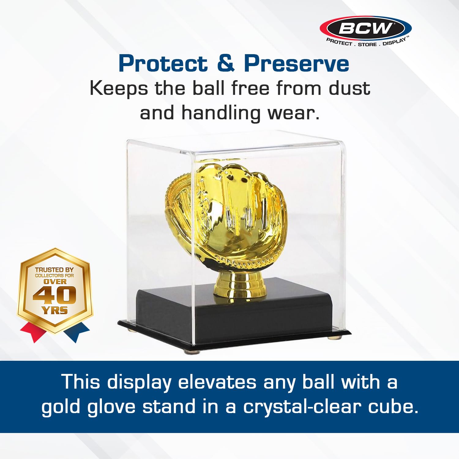BCW Acrylic Gold Glove Baseball Display Case with Black Base & Gold Riser
