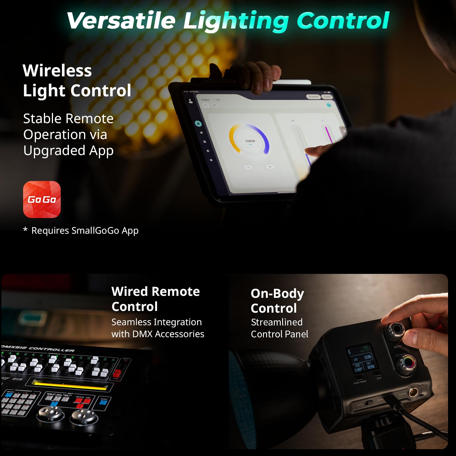SMALLRIG RC 100C RGBWW Projecteur Vidéo LED, Contrôle par APP, Eclairage Continu mini COB 100 W, Projecteur portable 2700-10000 K, CRI 96+, 12 Effets, 11000 lux/1 m, avec Poignée de Batterie - 5383