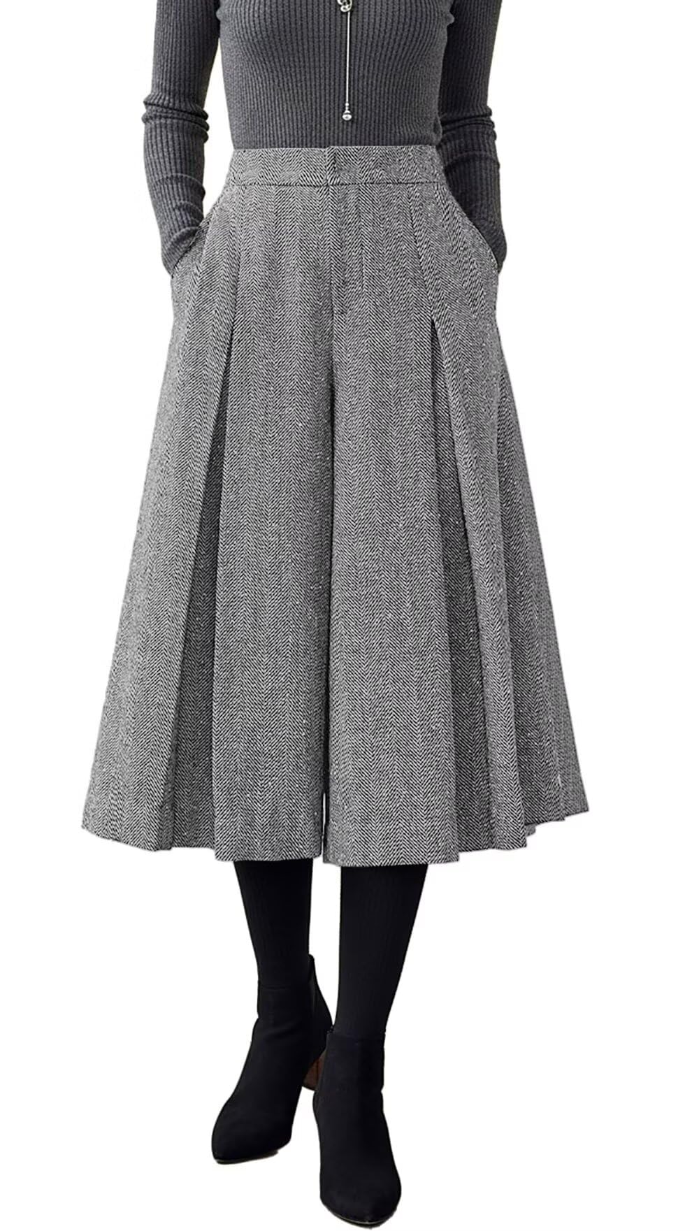 Womens Tweed Herringbone Culottes High Waisted Dress Pants for Women Casual Loose Wide Leg Trousers with Pockets