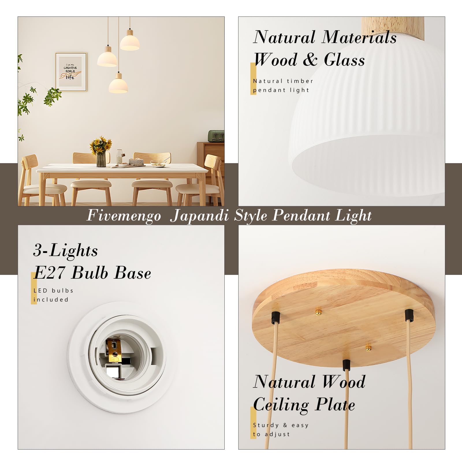 Lampara Colgante Techo Para Cocina,Madera Y Vidrio Blanco Lampara Techo 3 Luces E27 Altura Ajustable Decoracion Lamparas Para Comedor Salon Dormitorio
