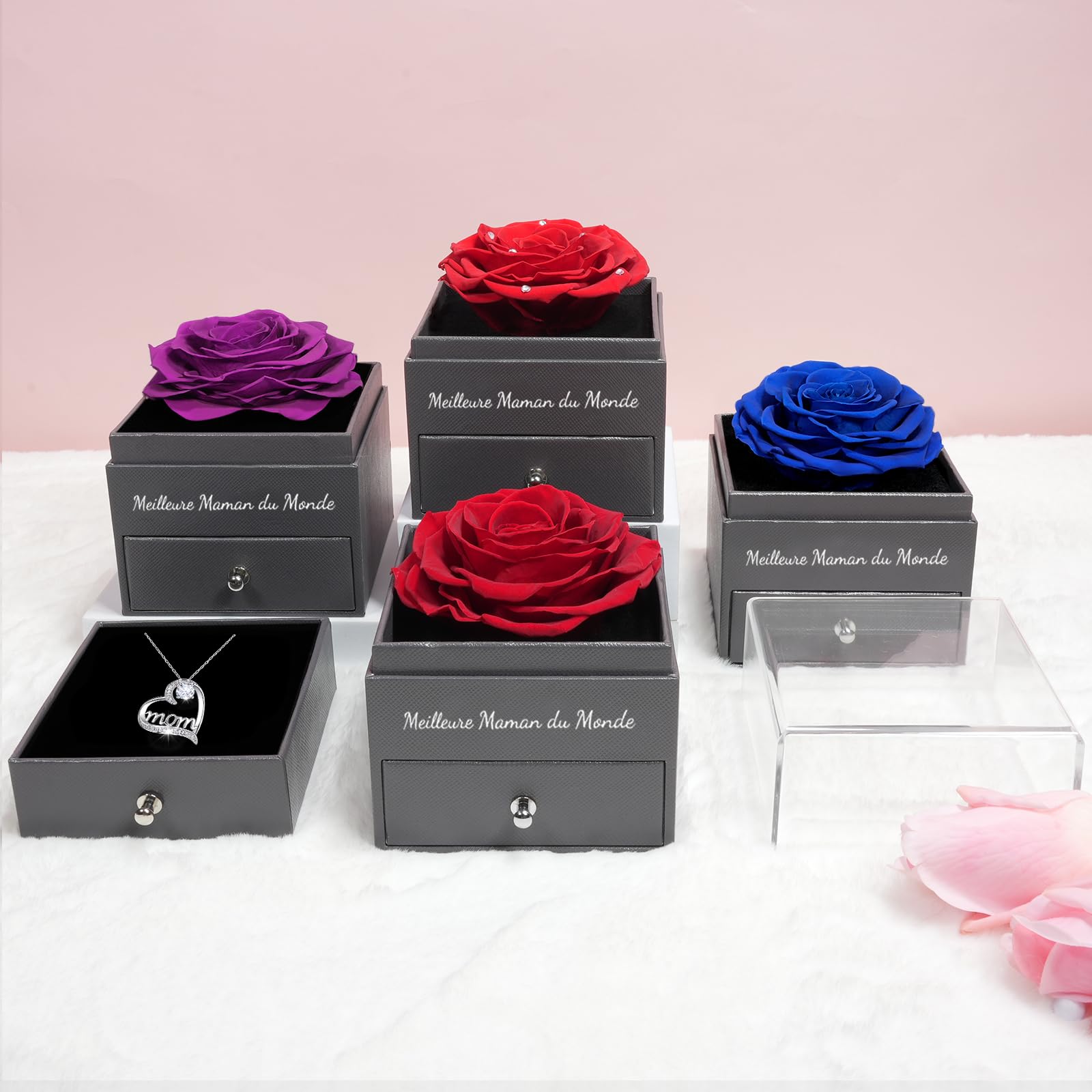 Sunia Cadeau Maman, Rose Eternelle avec Bijoux Argent 925 Collier, Collier Anniversaire Femme, Meilleure Maman du Monde, Coffret Rose Eternelle, Fleur Préservée Cadeau Fete des Meres Noel, Varie Rose