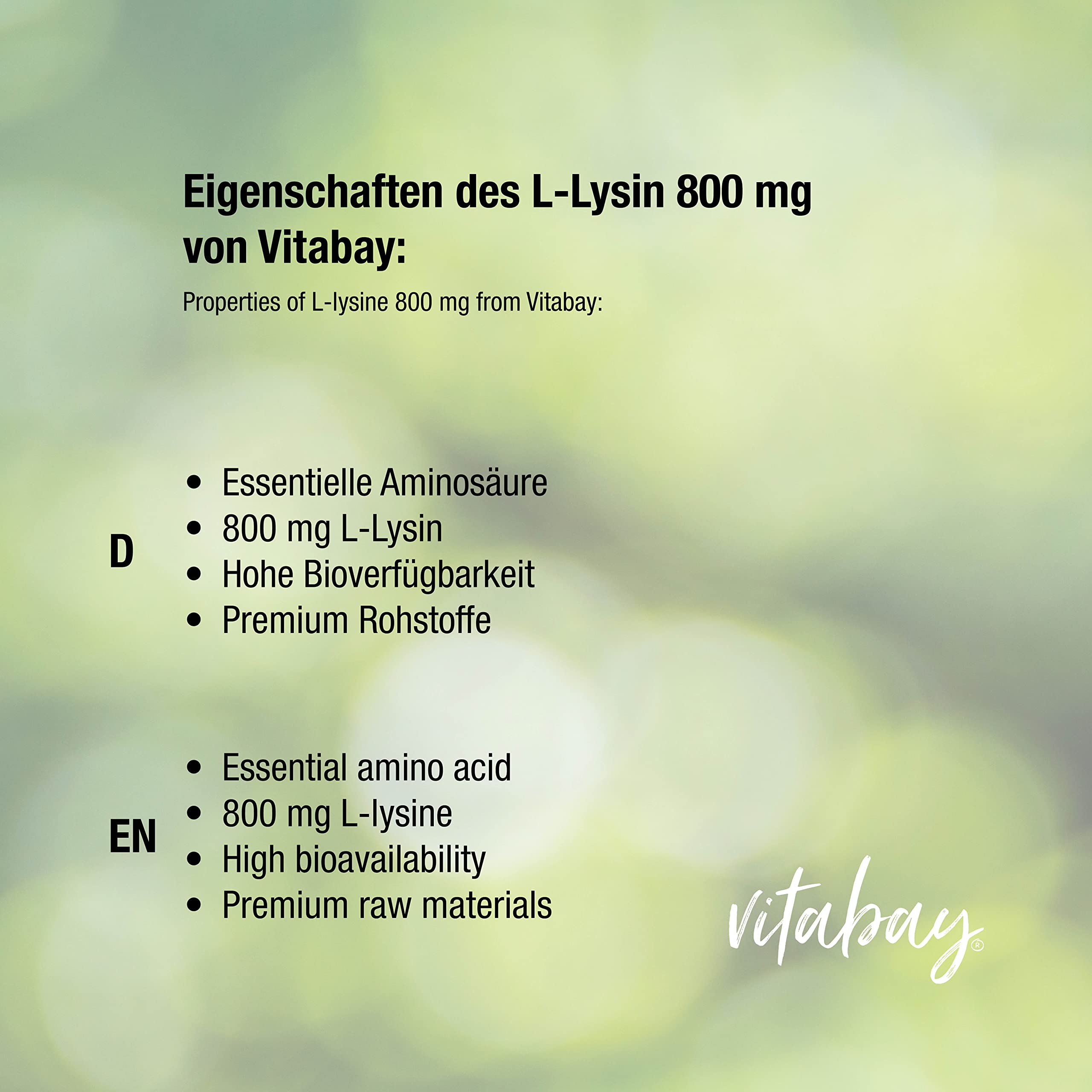 Vitabay Lisina ad alto dosaggio 800 mg – 180 compresse di L-lisina Vegan & Laboratorio – Aminoacido essenziale lisine capsule – senza additivi indesiderati