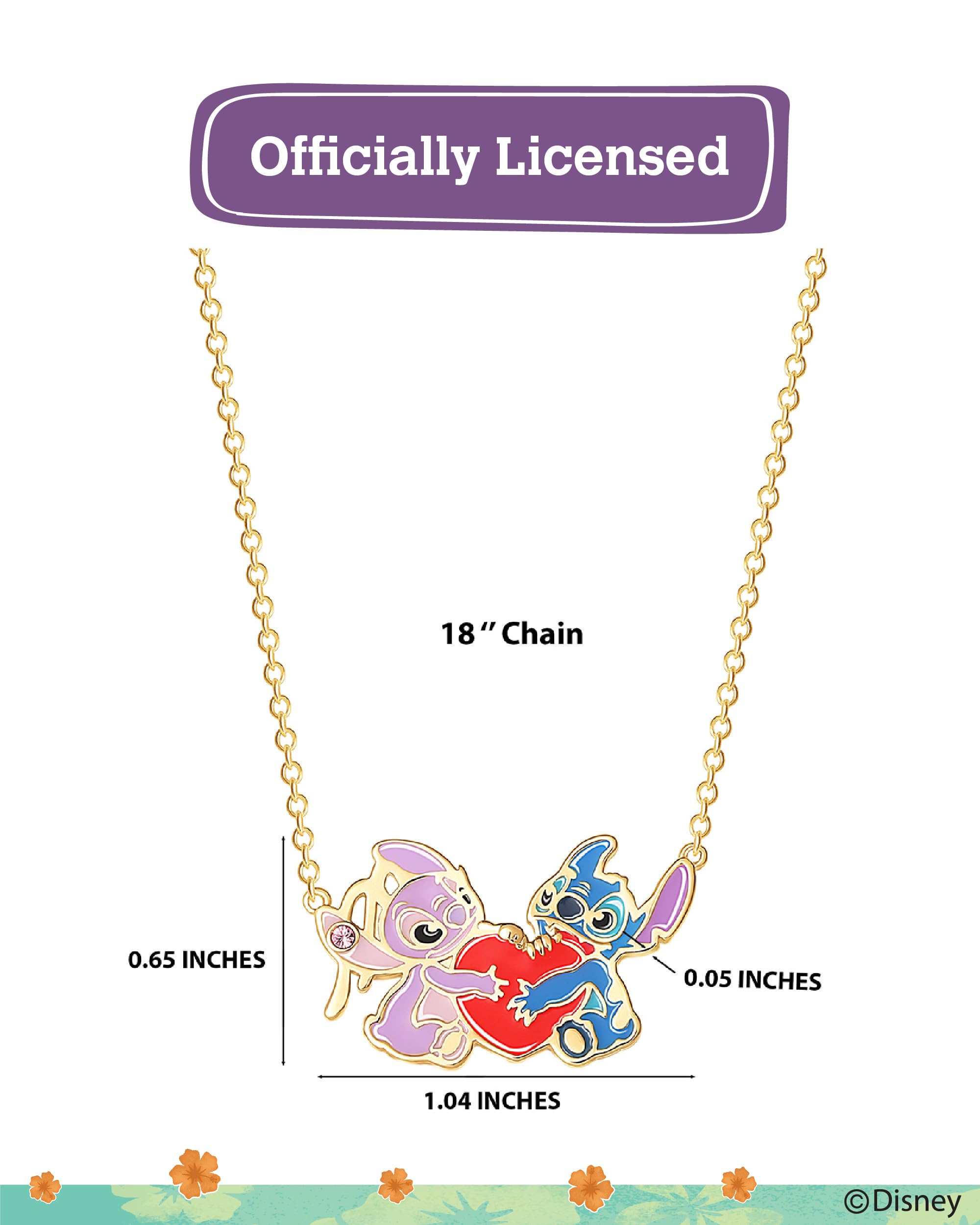 Disney Womens Stitch and Angel Heart Pendant Necklace 18" Official License, 18kt Gold Flash-Plated