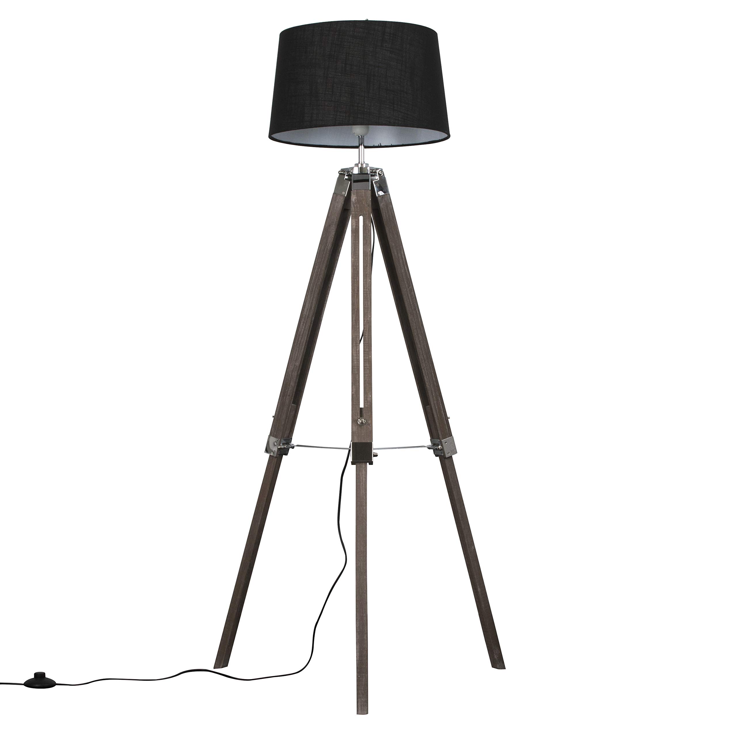 Minisun Black | Modern Distressed Wood And Silver Chrome Tripod Floor Lamp With A Tapered Shade | Floor Lamps & Torchieres, Home Décor & Improvement Essential | Includes Bulb [3000K Warm White]