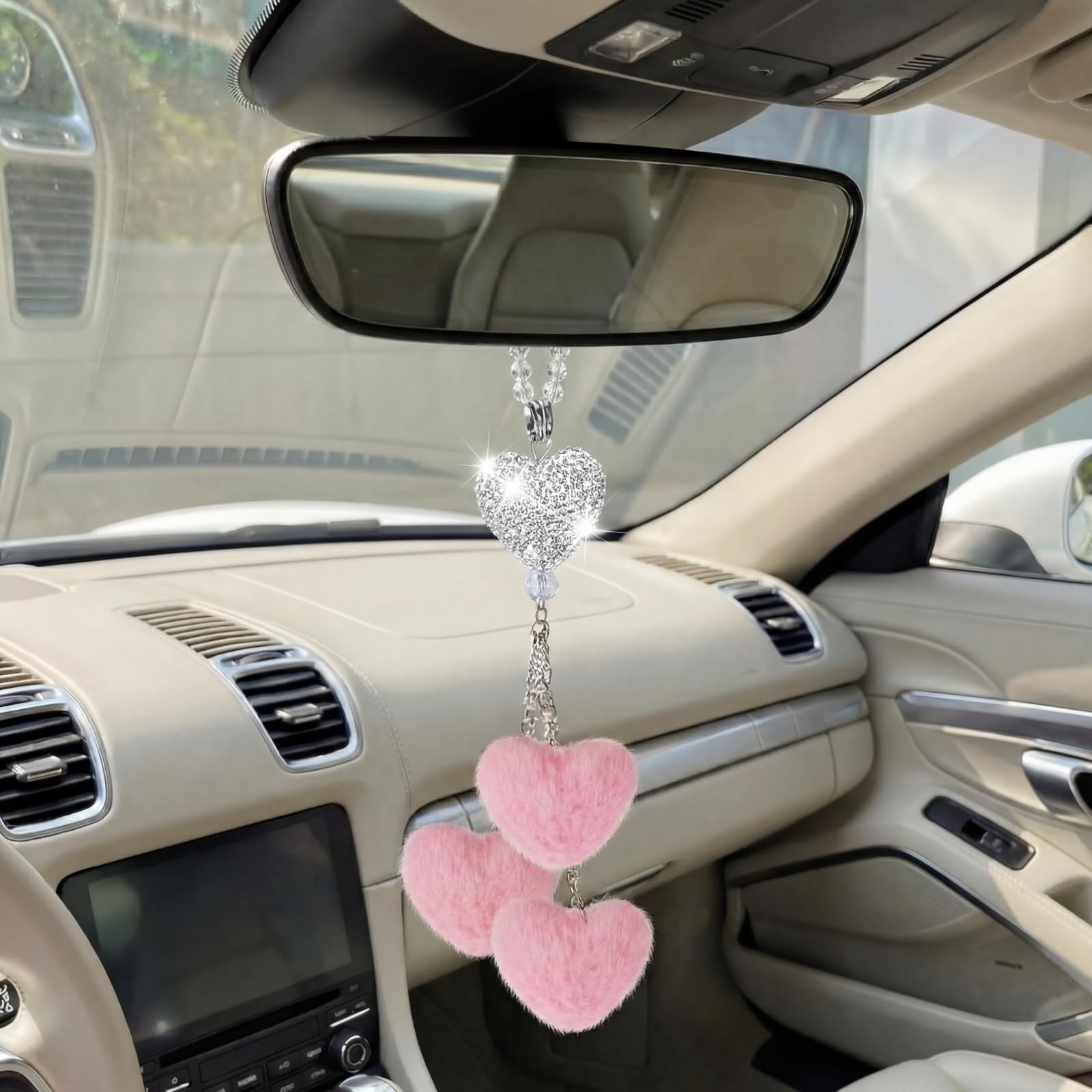 Bling Heart Rear View Mirror Charm Pendant For Women Girls, Crystal Rhinestone Car Hanging Accessories, Sparkly Diamond Auto Interior Decor Ornament Gift Cute Vehicle Jewelry