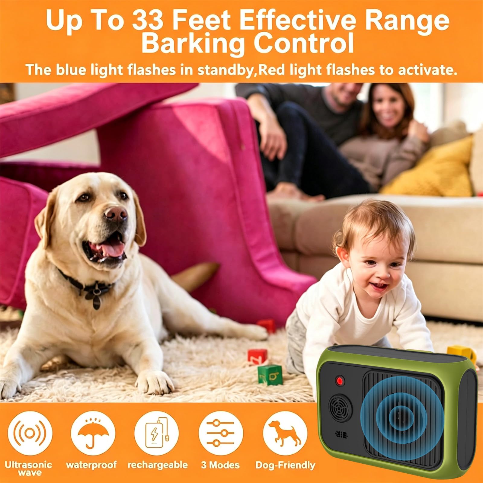 Billg Anti Aboiement Chien, 3 Réglable Fréquence Ultrasons Dispositifs Anti-aboiements, 50 Pieds Rechargeable Dispositif Dissuasion, Sifflet Ultrasonique pour Chiens intérieurs et Extérieurs