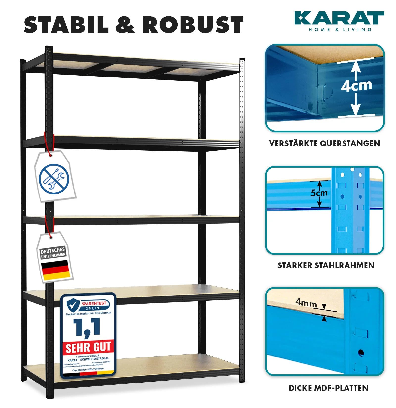 KARAT Regał do dużych obciążeń, zestaw 2 szt. – regał wtykowy, do piwnicy, regał magazynowy – 5 regulowanych półek (czarny, 50 x 100 x 200 cm)