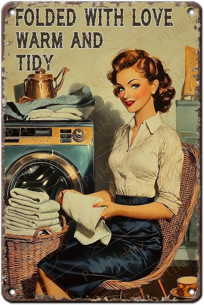 Funny Laundry Tin Sign Vintage Metal Plaque Folded With Love Warm And Tidy Wall Art Laundry Room Decor Rustic Farmhouse Home Hotel Dormitory Bedroom Backyard 12x8 Inch