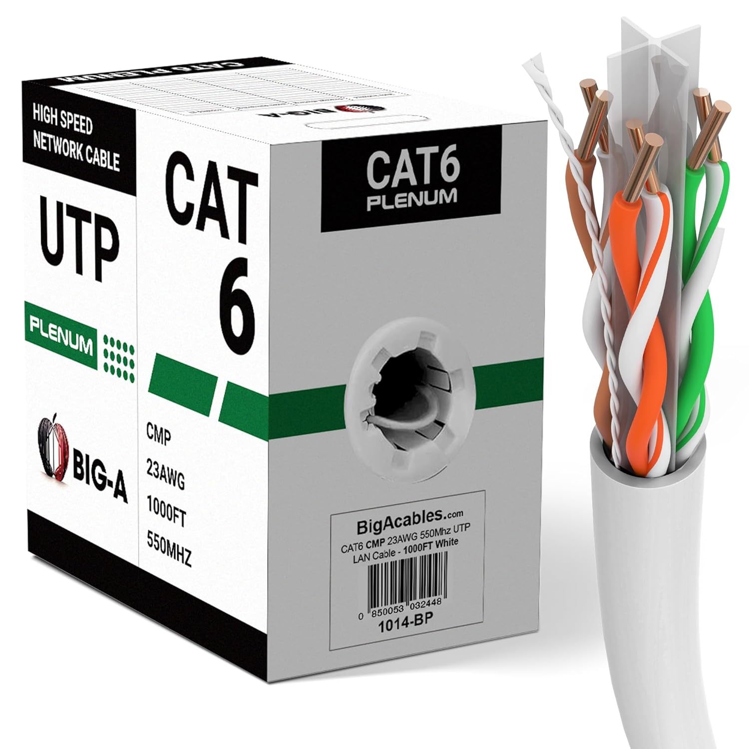 Big-A - Cat6 Plenum Cable 1000ft, Cat 6 Ethernet Cable (CMP) 10 Gigabit Solid Network Cable, 550MHz Cat 6 Ethernet Cord, Unshielded Twisted Pair (UTP) - White