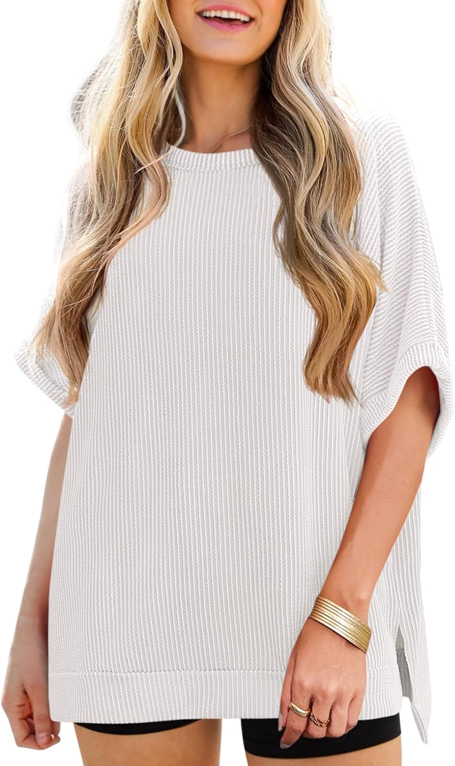 Tankaneo Womens Oversized T Shirts Summer Casual Ribbed Batwing Short Sleeve Tunic Tops Loose Fit Dolman Sleeve Tees