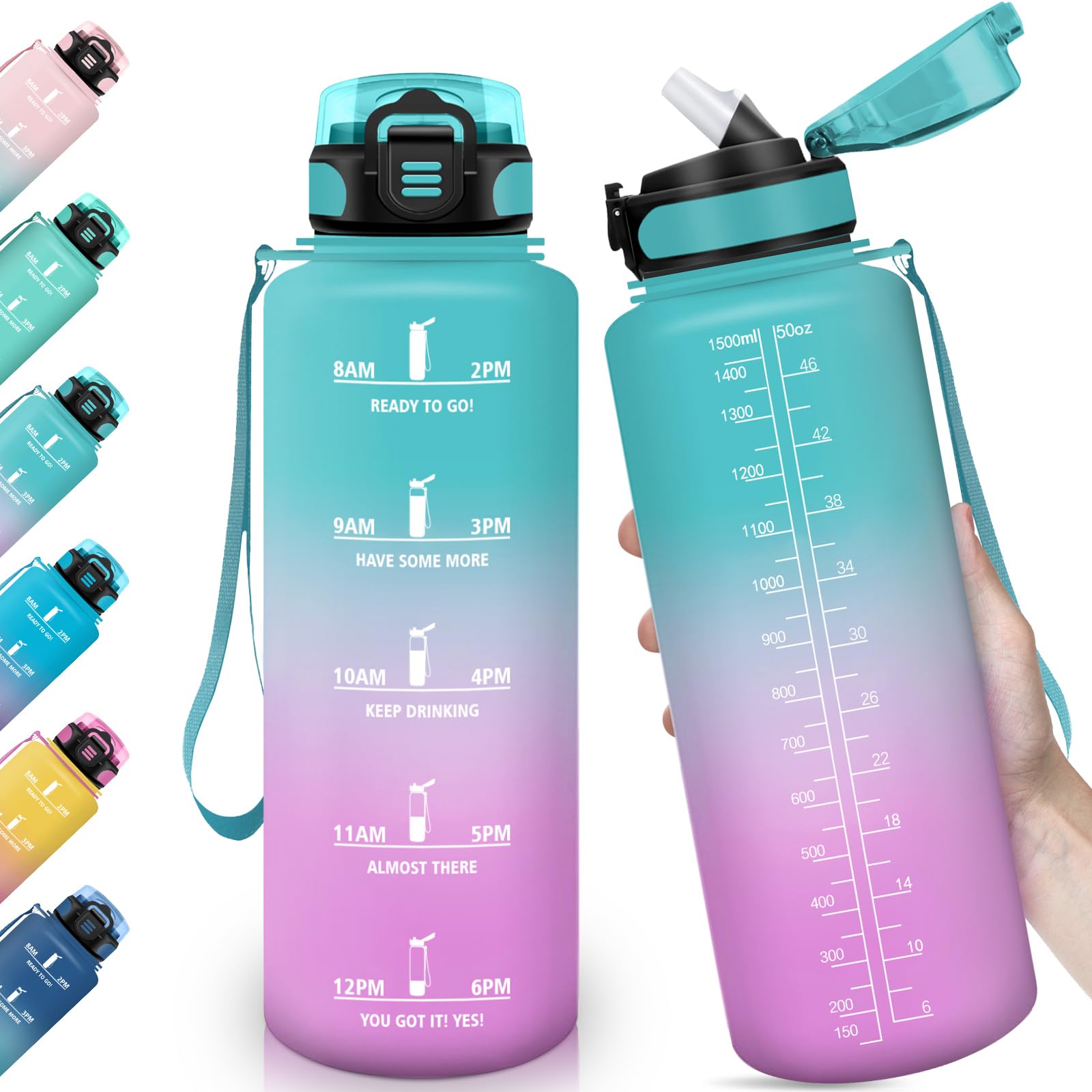 HoneyHolly Water Bottle, 1500ML Durable Motivational Water Bottle, Reusable, Drinking Bottle with Straw, Leak-proof Water Bottle for School, Gym, Office, Camping, Sports
