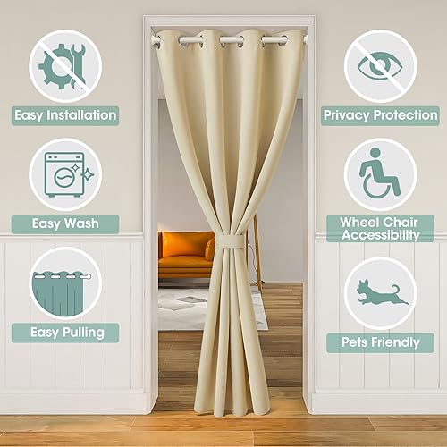 Miniatura 2 de HOMEIDEAS Cortinas beige para puerta, cortina de privacidad con ojales para dormitorio, 39 pulgadas de ancho x 78 pulgadas de largo, cortinas opacas