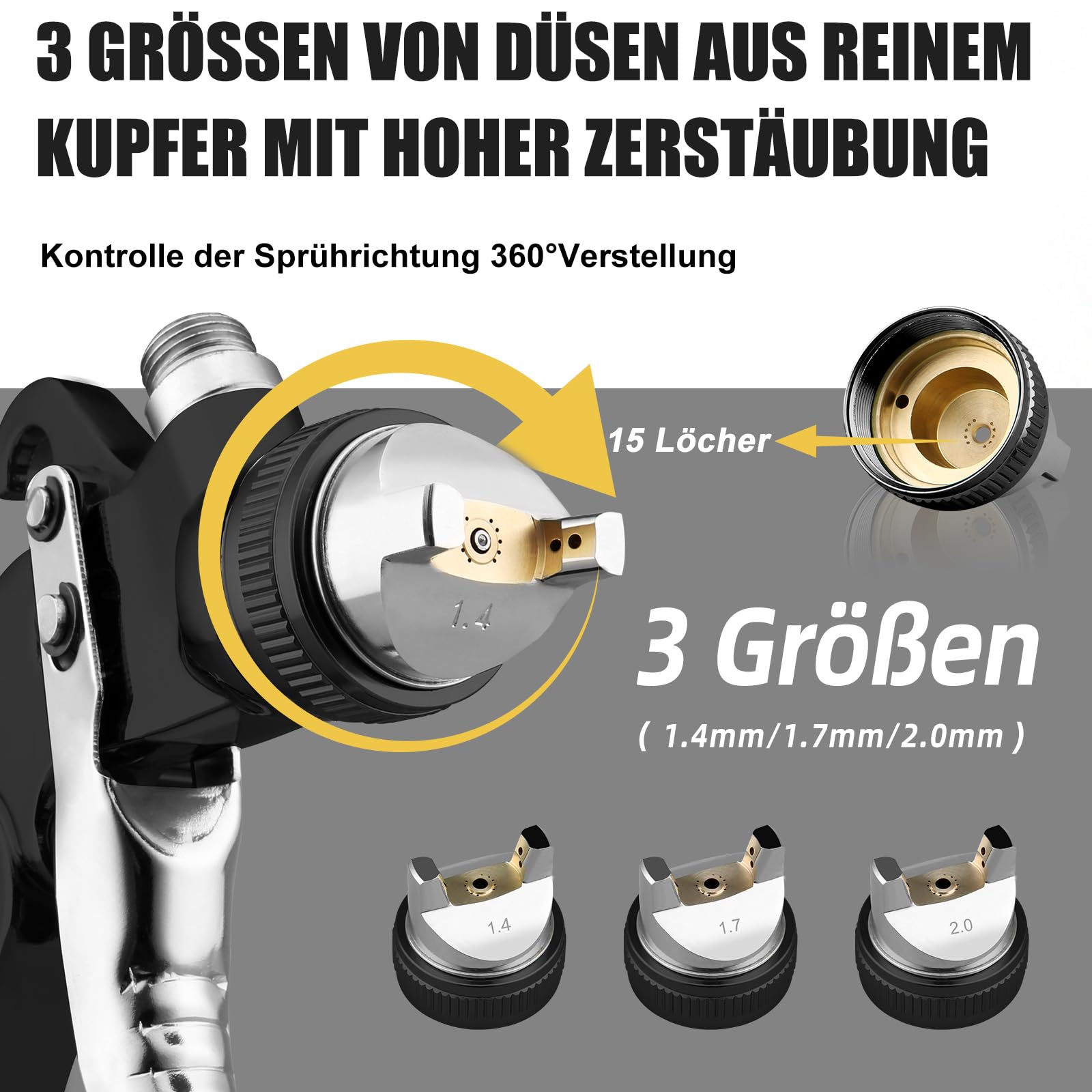 HVLP pistolet do lakierowania, zestaw z 4 dyszami 1,4/1,7/2,0/2,5 mm i separatorem filtra, profesjonalny pistolet do lakierowania na sprężone powietrze, grawitacyjny, z plastikowym kubkiem o