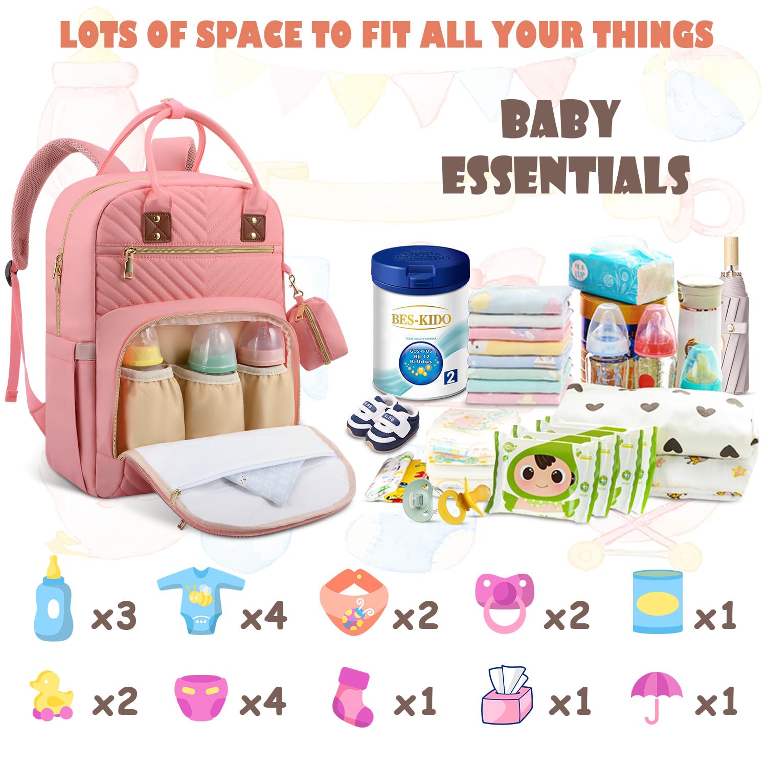 Baby Diaper Bag Backpack, Travel Diaper Bags for Baby Girl Boy Large Capacity Baby Bag Backpack for Women Light Pink - Image 2