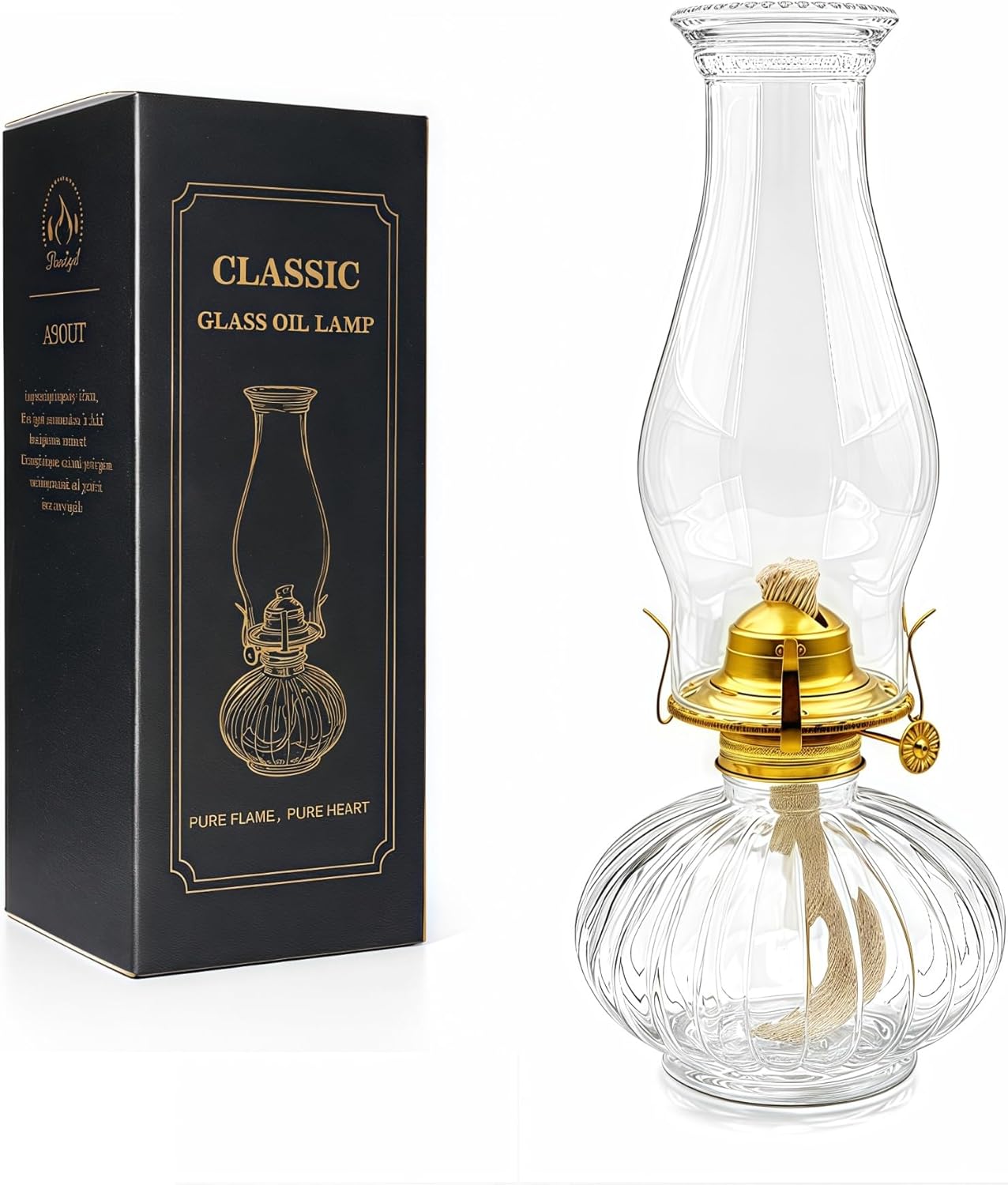 13" Large Glass Kerosene Oil Lamp, Vintage Hurricane Lantern with Thickened Glass Base, Chamber Oil Lamp for Indoor Use, Rustic Tabletop Lantern for Home Decor, Emergency Lighting(Clear)