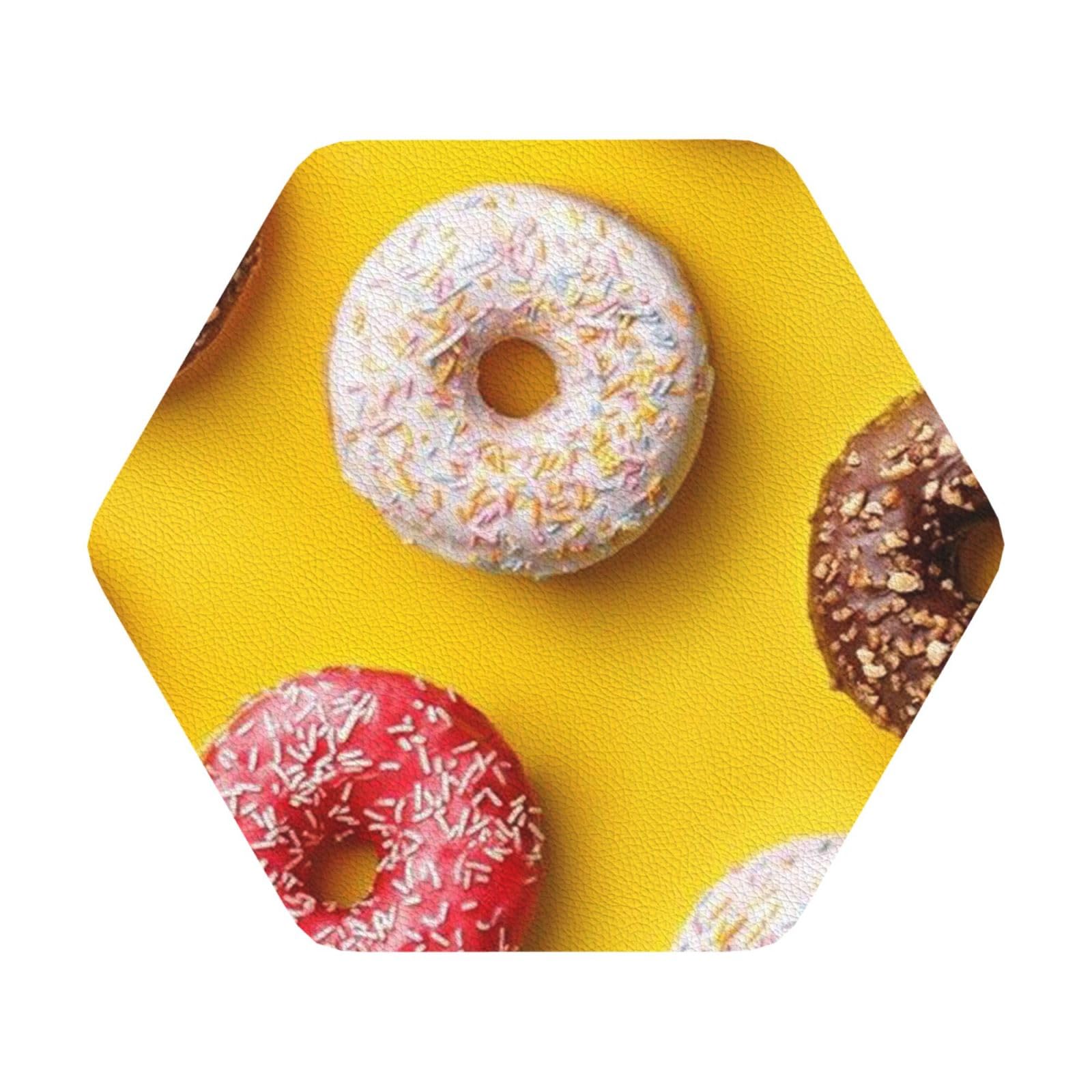 Doughnut PU Leather Coasters Set of 6 Hexagon Drink Coasters