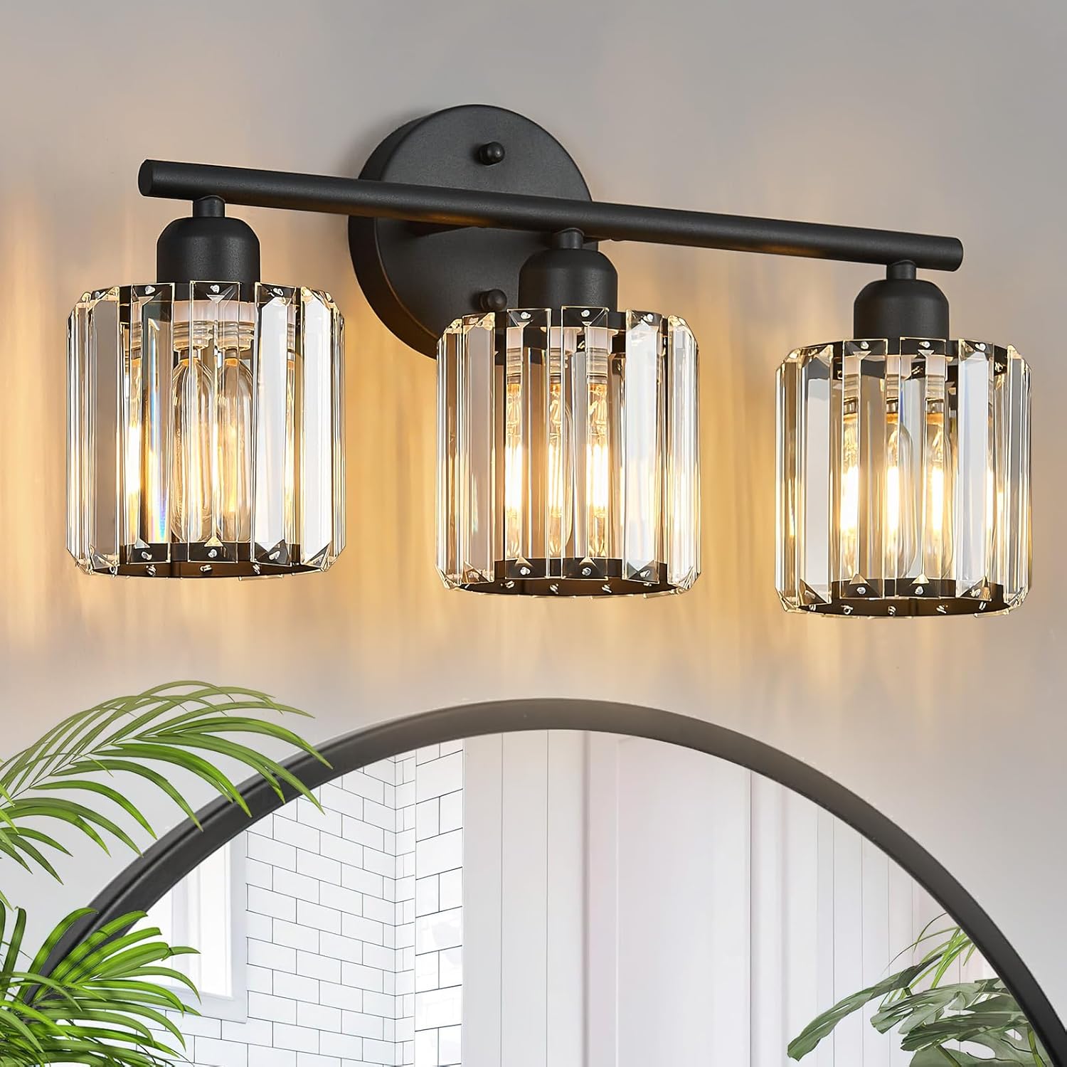 modern 3 light crystal vanity light, black vertical bathroom light fixture over mirror for dressing table sink, compatible with dimmable bulbs (bulbs not included) black 3-light