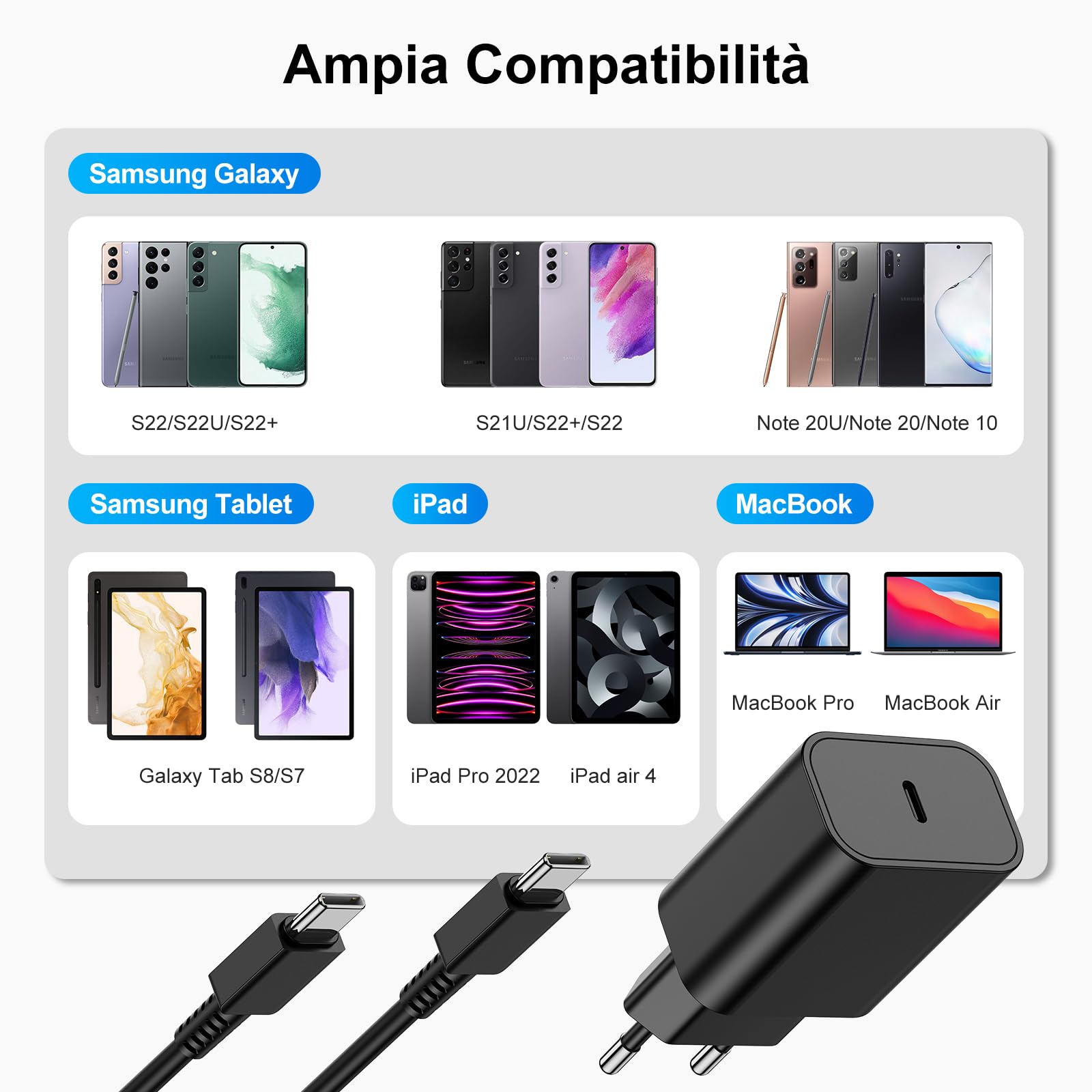 USB C Caricatore Rapido iPhone 15 con Cavo 2M,Caricabatterie Veloce Cable Type C per Apple iPhone 15 Plus 15 Pro Max Samsung S23 iPad Air MacBook Pro,USBC Carica Alimentatore Presa Adattatore