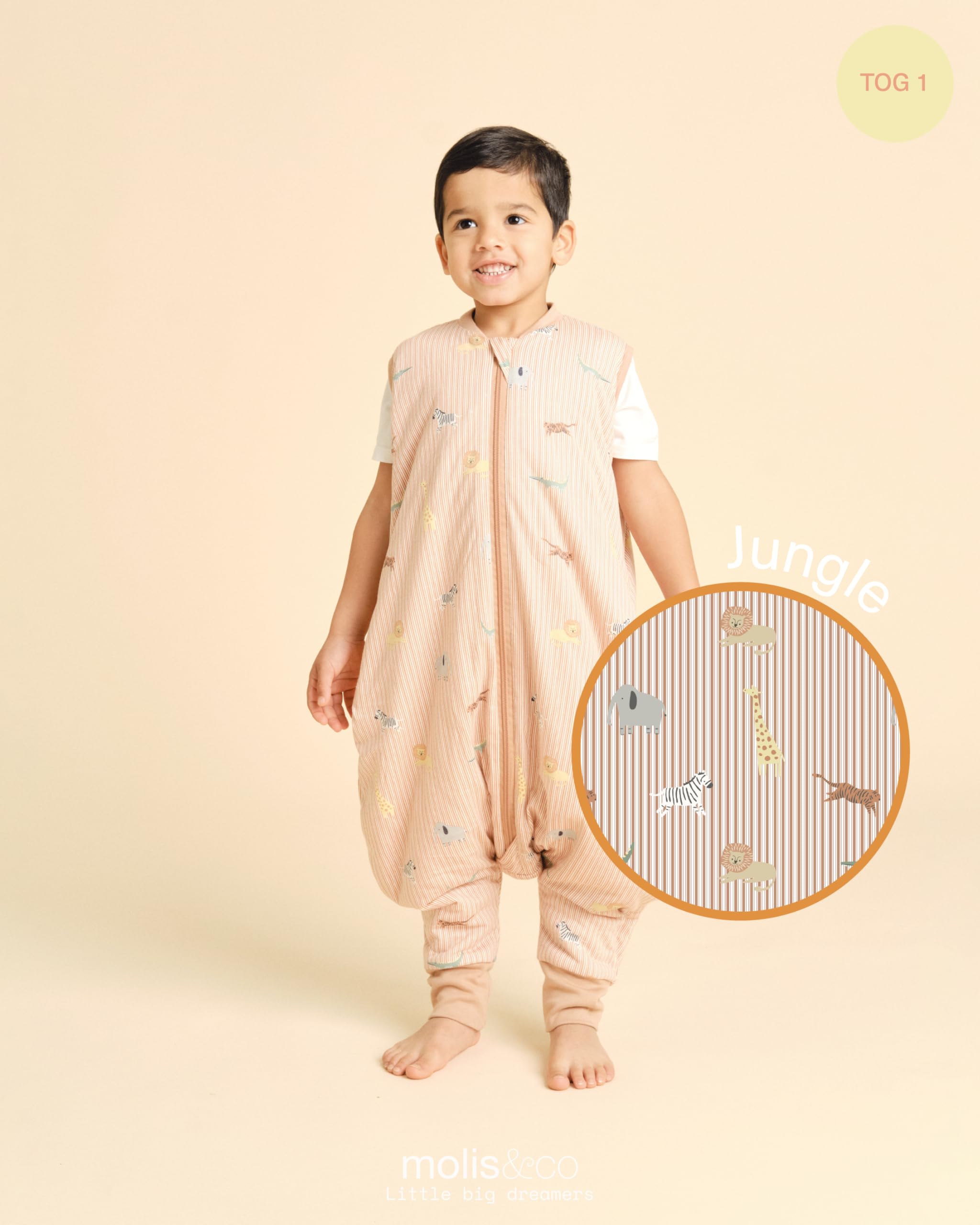molis&co - Pijama Manta con Pies 1.0 TOG - 90 cm (3 años) - Ideal para Primavera y Otoño - 100% Algodón (Oeko-Tex 100) - Jungle - 4
