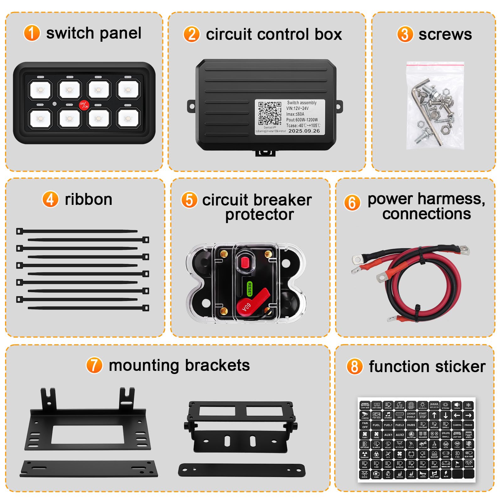 Pannello di commutazione a 8 vie, pannello di commutazione marino, pannello di comando degli interruttori 12V/24V con 7 colori 60A, 600W/12V, 1200W/24V, per auto, camion, barca, jeep, yacht