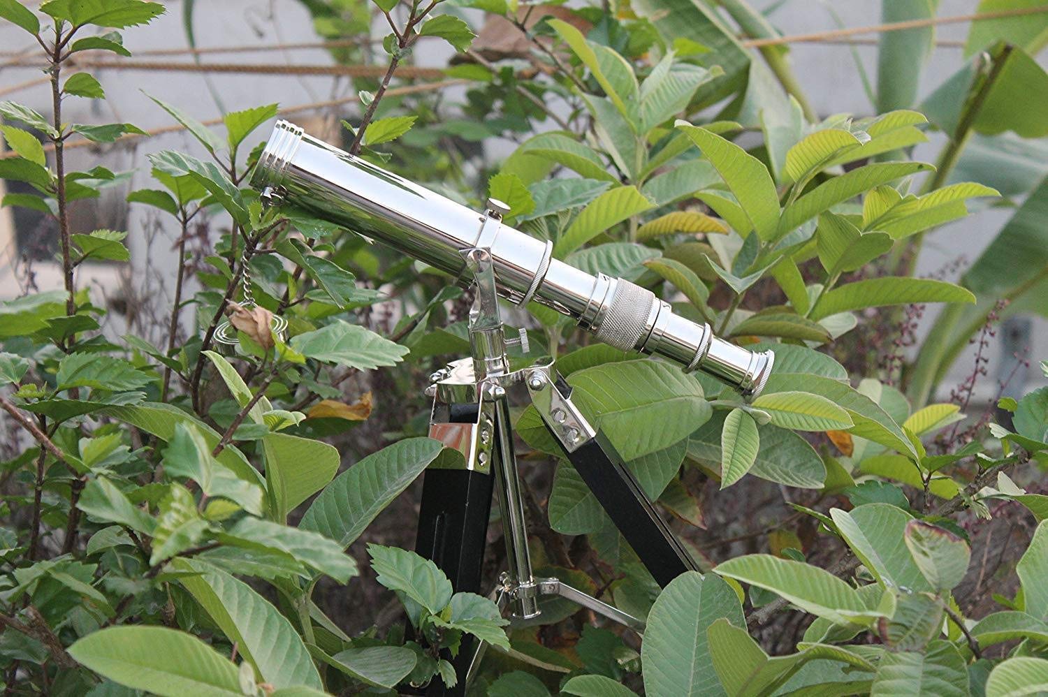 Mahira Nautical Brass Antique Chrome Telescope Double Barrel with Black Tripod Stand C