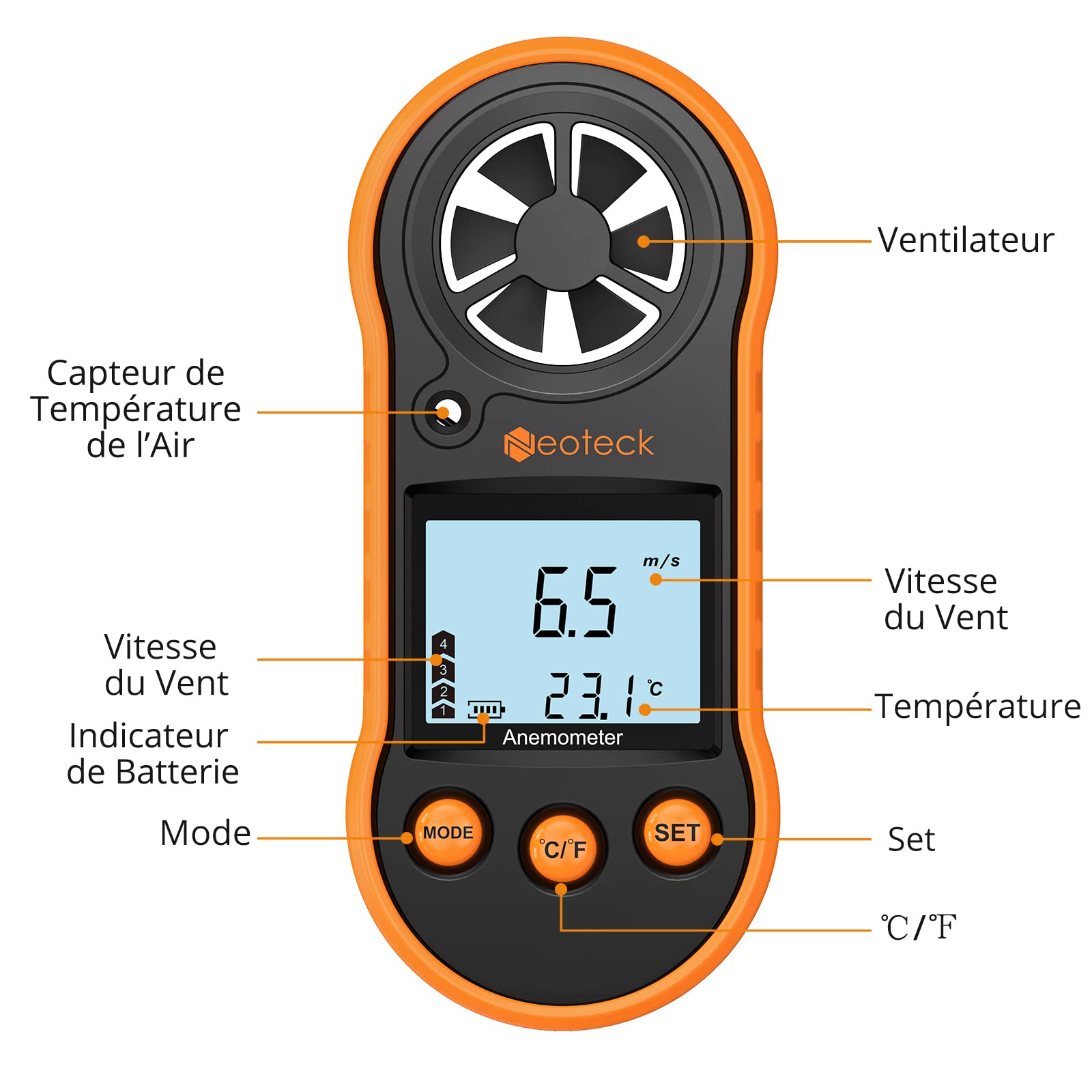 Anémomètre numérique avec écran LCD - Mesure la vitesse du vent, le débit d'air et la température - Rétroéclairage - Idéal pour la planche à voile, le cerf-volant, le surf et la pêche