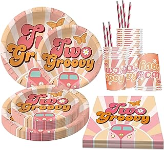 Two Groovy Party Supplies-Two Groovy Party Tableware Include Dinner Plates,Dessert Plates,Napkins,Cups and Straws for Two Groovy Boho Rainbow Birthday Baby Shower Party Decorations,Serves 10 Guests