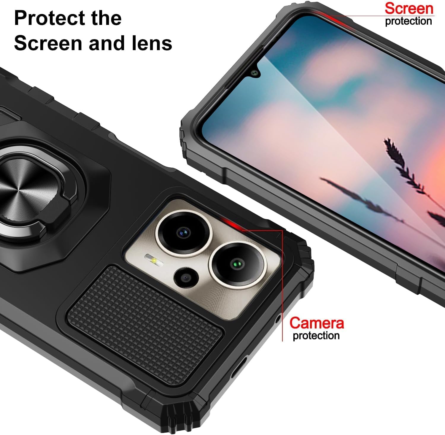 TJS Compatible with Cricket Outlast 5G 2024 Case, AT&T Motivate Pro 5G Case, with Tempered Glass Screen Protector, Metal Ring Magnetic Support Kickstand Heavy Duty Drop Protection Phone Case (Black) thumbnail