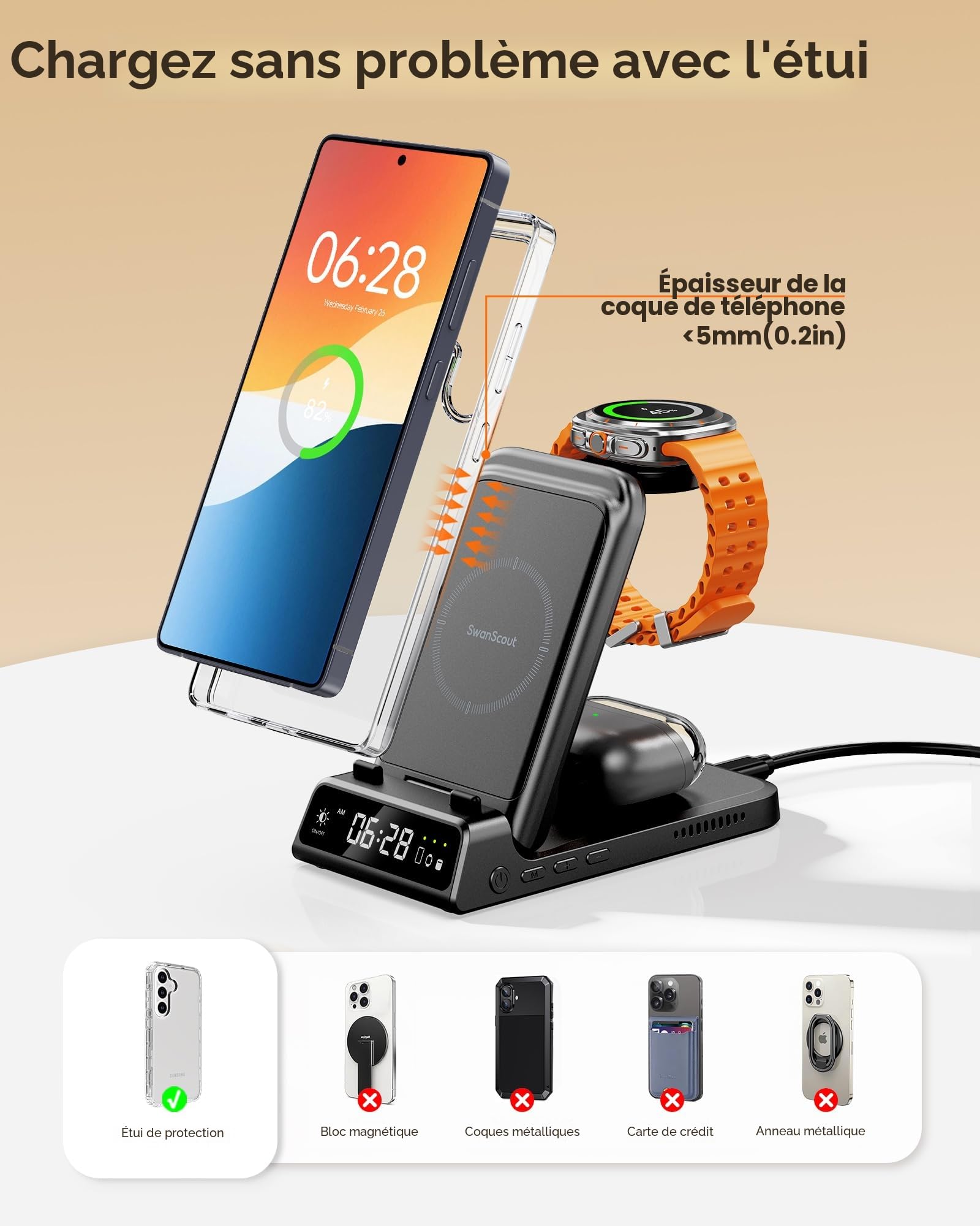 Chargeur Induction pour Samsung S26 Ultra, Station de Charge pour Samsung S26/S25/S24, 3 en 1 Chargeur sans Fil pour Galaxy Watch 8/8 Classic/Ultra/7/6, Galaxy Buds 4 Pro, SwanScout 703S (No Adapter)