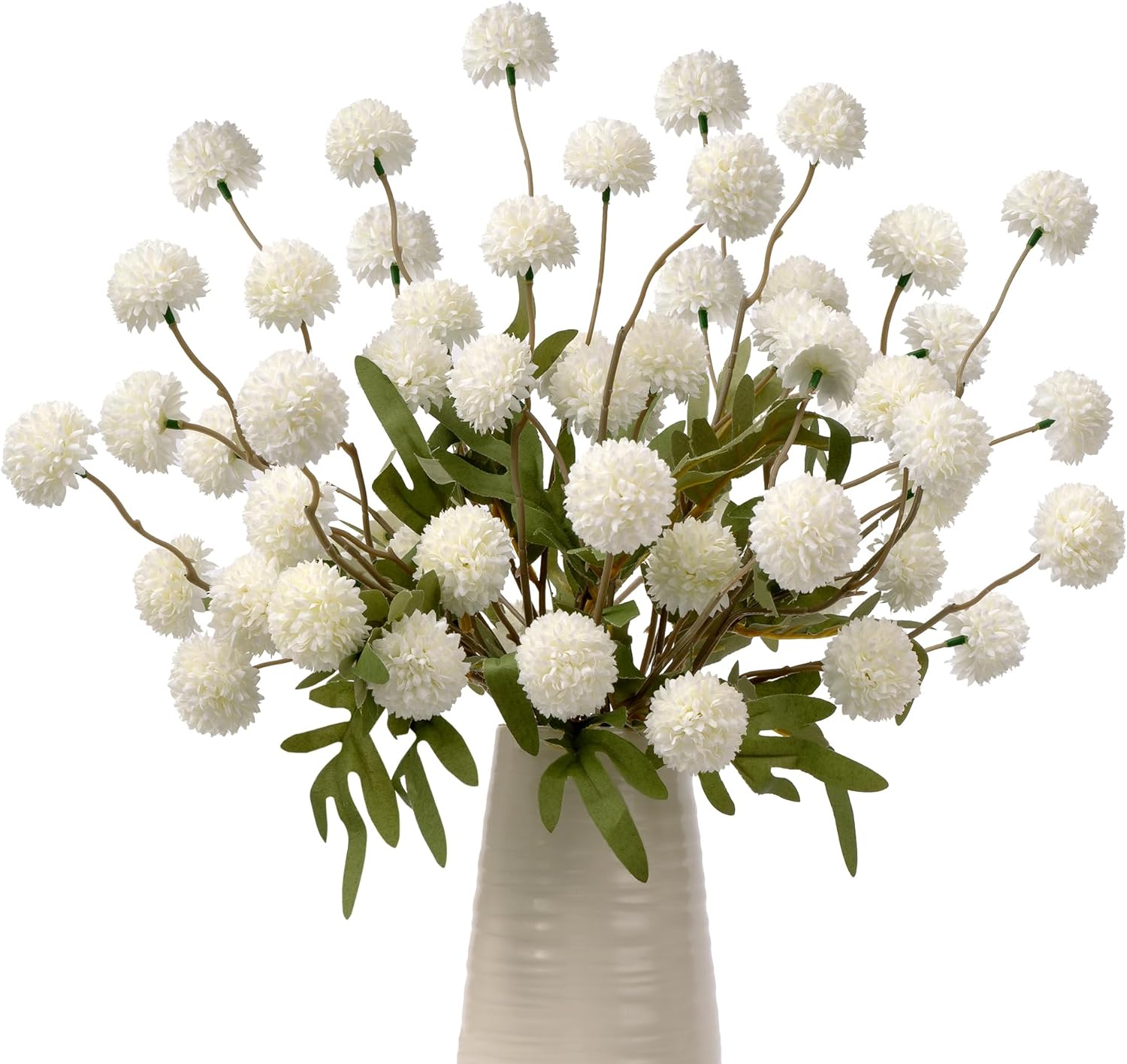 Artificial Flowers Fake Silk Pompon Mum, Small Mini Chrysanthemum Ball with Stems, Fall Floral Faux Kiku Flower for Vase DIY Wedding Bouquets Centerpieces Home Table Decorations(10pcs,White)