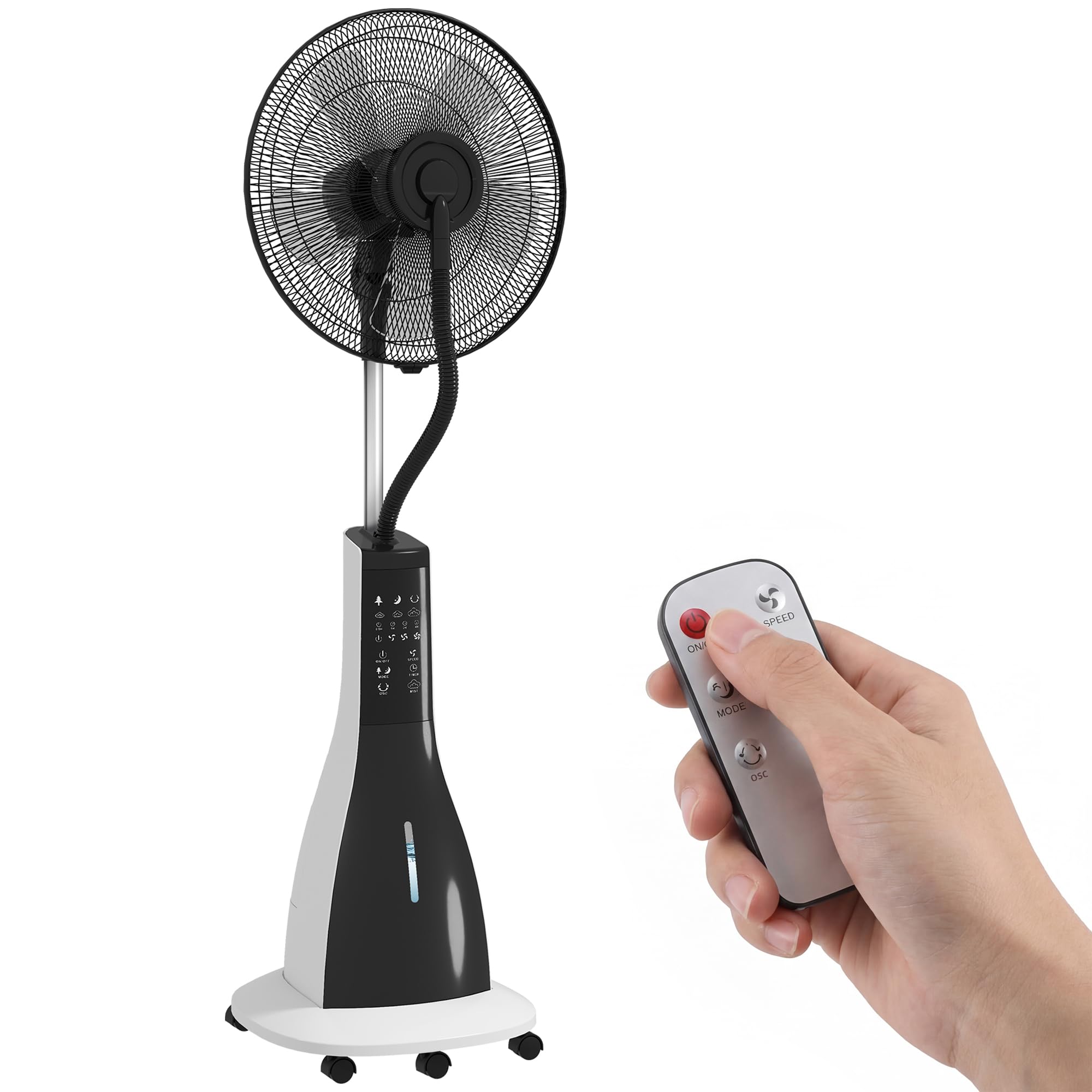 HOMCOM Ventilatore Nebulizzatore con Serbatoio da 3L, 3 Velocità e 3 Modalità, Ventilatore a Piantana con Ruote, Timer 7.5h, Oscillazione 75°, Inclinazione 15°, Display LED, Telecomando, 90W, Ø50cm