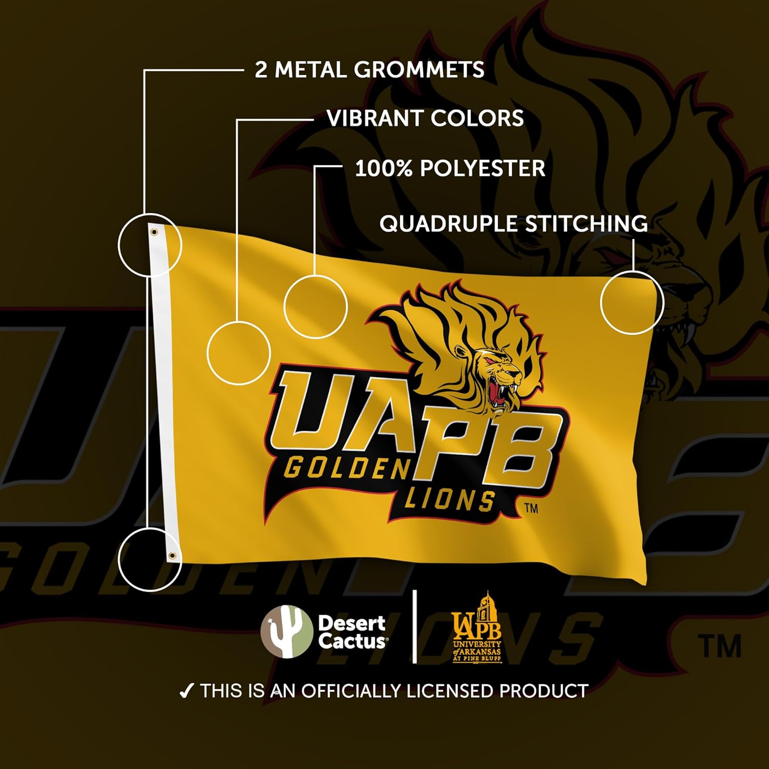 Desert Cactus University of Arkansas at Pine Bluff UAPB Flag - 3 x 5 Feet Golden Lions Banner, Indoor/Outdoor Durable Fabric, 100% Polyester Design (Style 1)